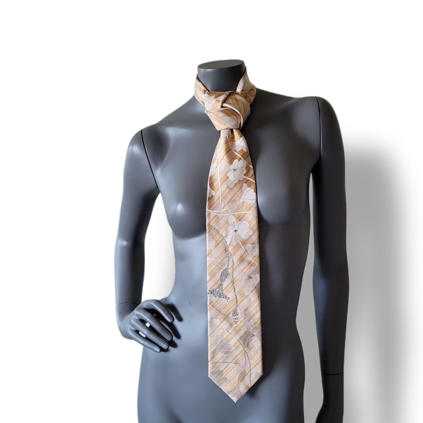 Another Dance collection: Unholy (Lucky, lucky girl) tie, vintage beige, ivory and golden silk necktie with crystal clear and champagne glass crystals
