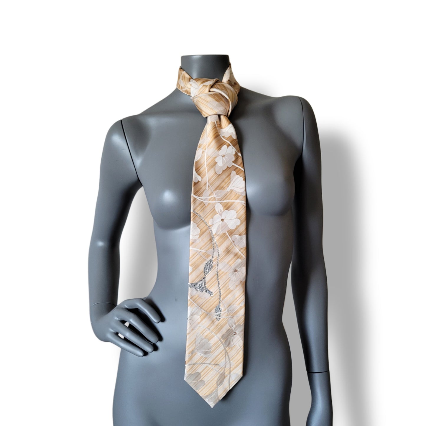 Another Dance collection: Unholy (Lucky, lucky girl) tie, vintage beige, ivory and golden silk necktie with crystal clear and champagne glass crystals