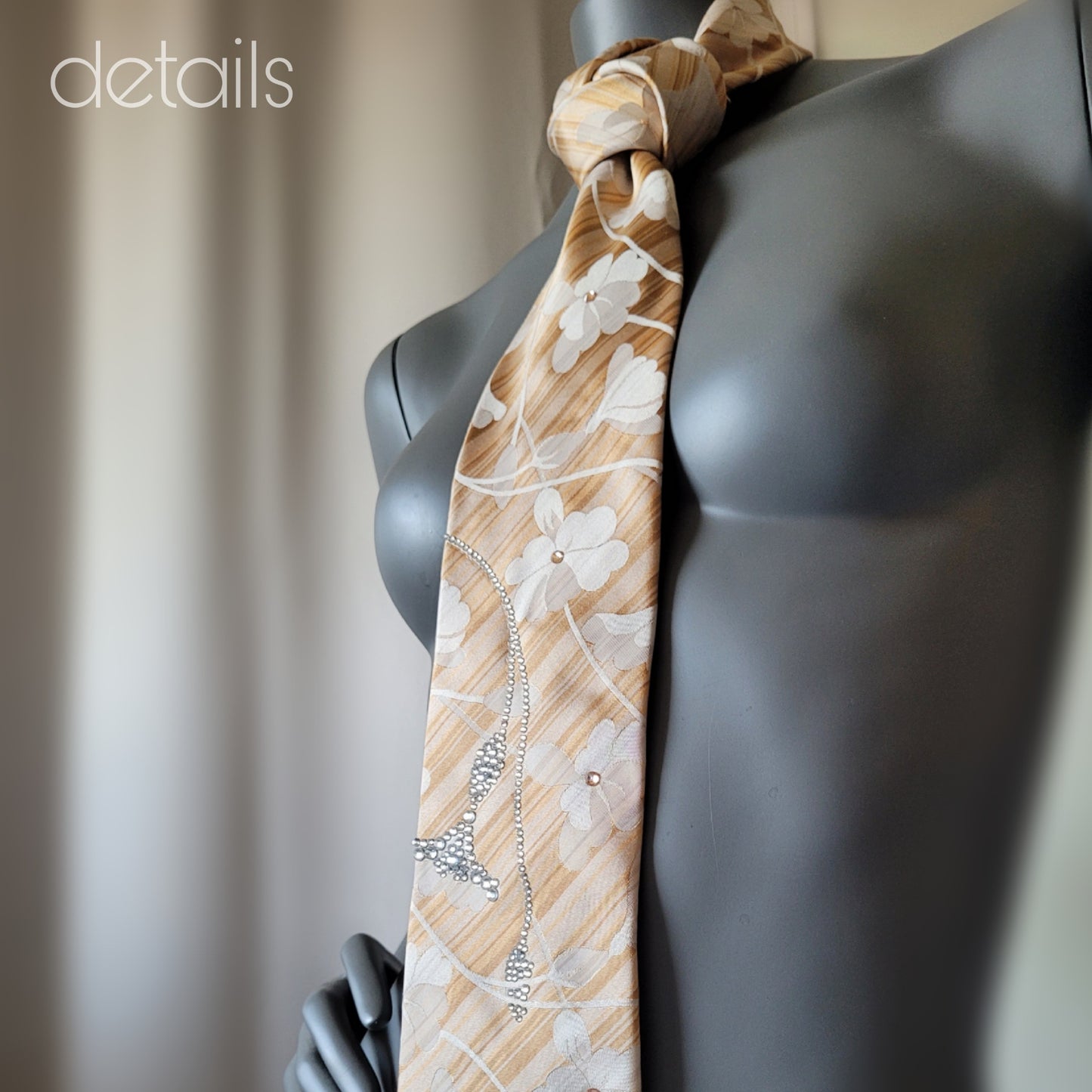 Another Dance collection: Unholy (Lucky, lucky girl) tie, vintage beige, ivory and golden silk necktie with crystal clear and champagne glass crystals