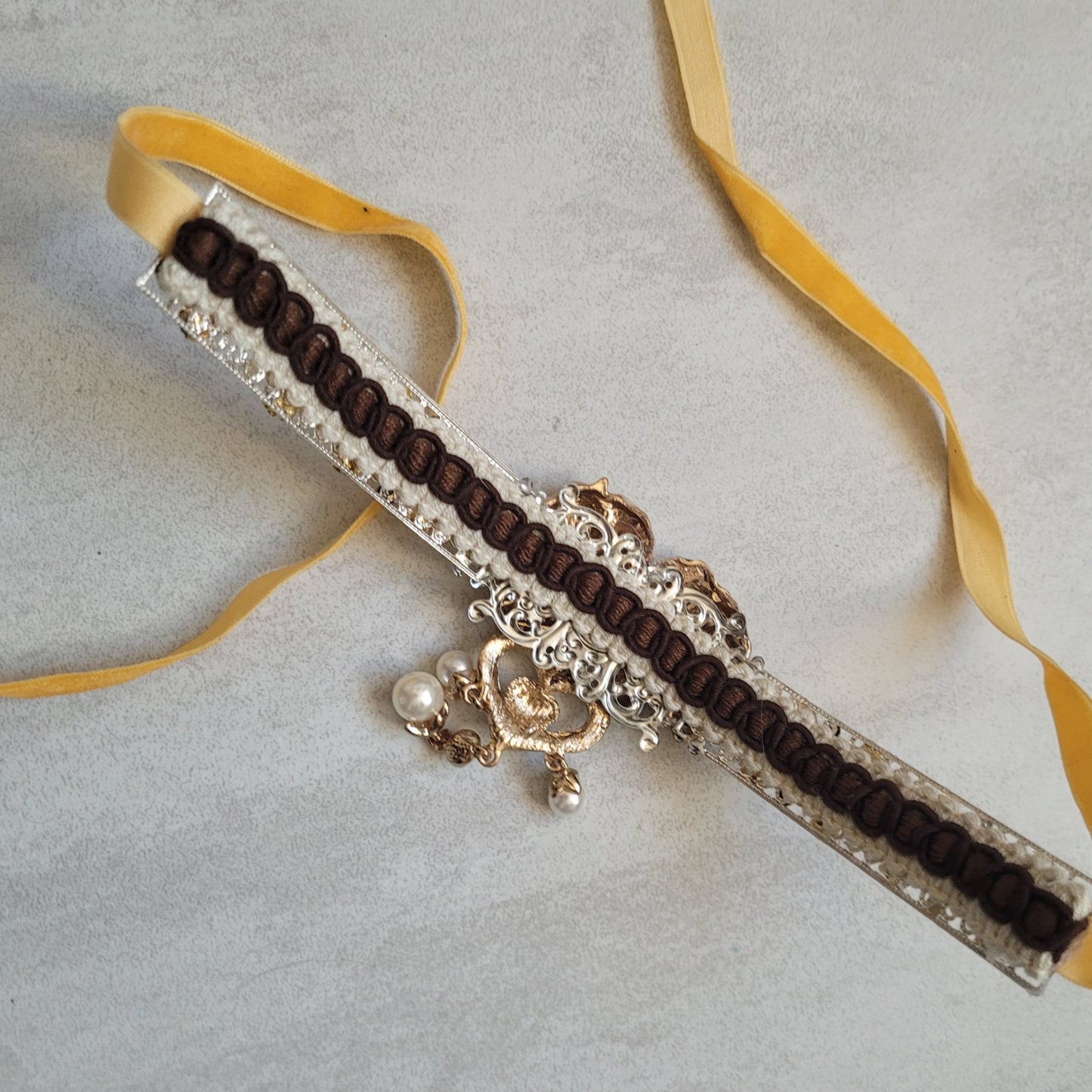 WhatEver collection: The Upon the Clover metal choker with two horse heads (brown and cream), dangling pearls, and high quality glass crystals