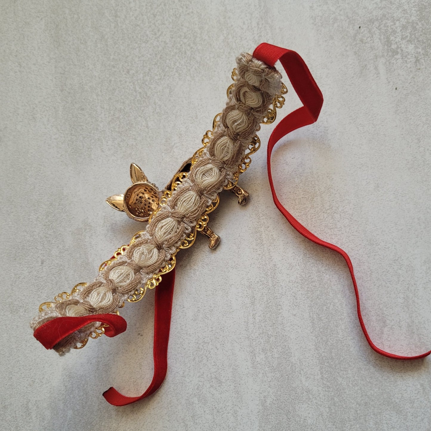 WhatEver collection: The Wag the Dog metal choker with a crystal encrusted boxer wearing a red and pink jumper and glass crystals