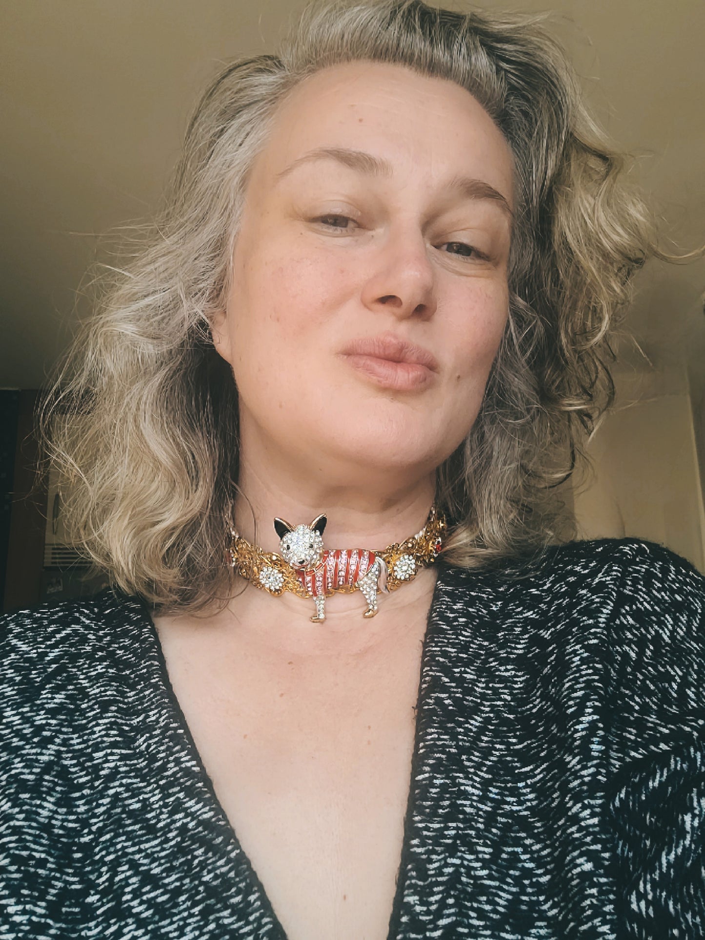 WhatEver collection: The Wag the Dog metal choker with a crystal encrusted boxer wearing a red and pink jumper and glass crystals