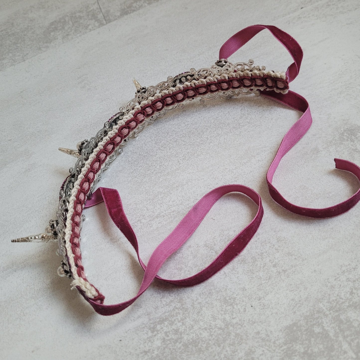 WhatEver collection: The Wait For It metal choker with three lips in a cool pinkish purple shade, filigree spikes, rhinestones, faux pearls, and glass crystals