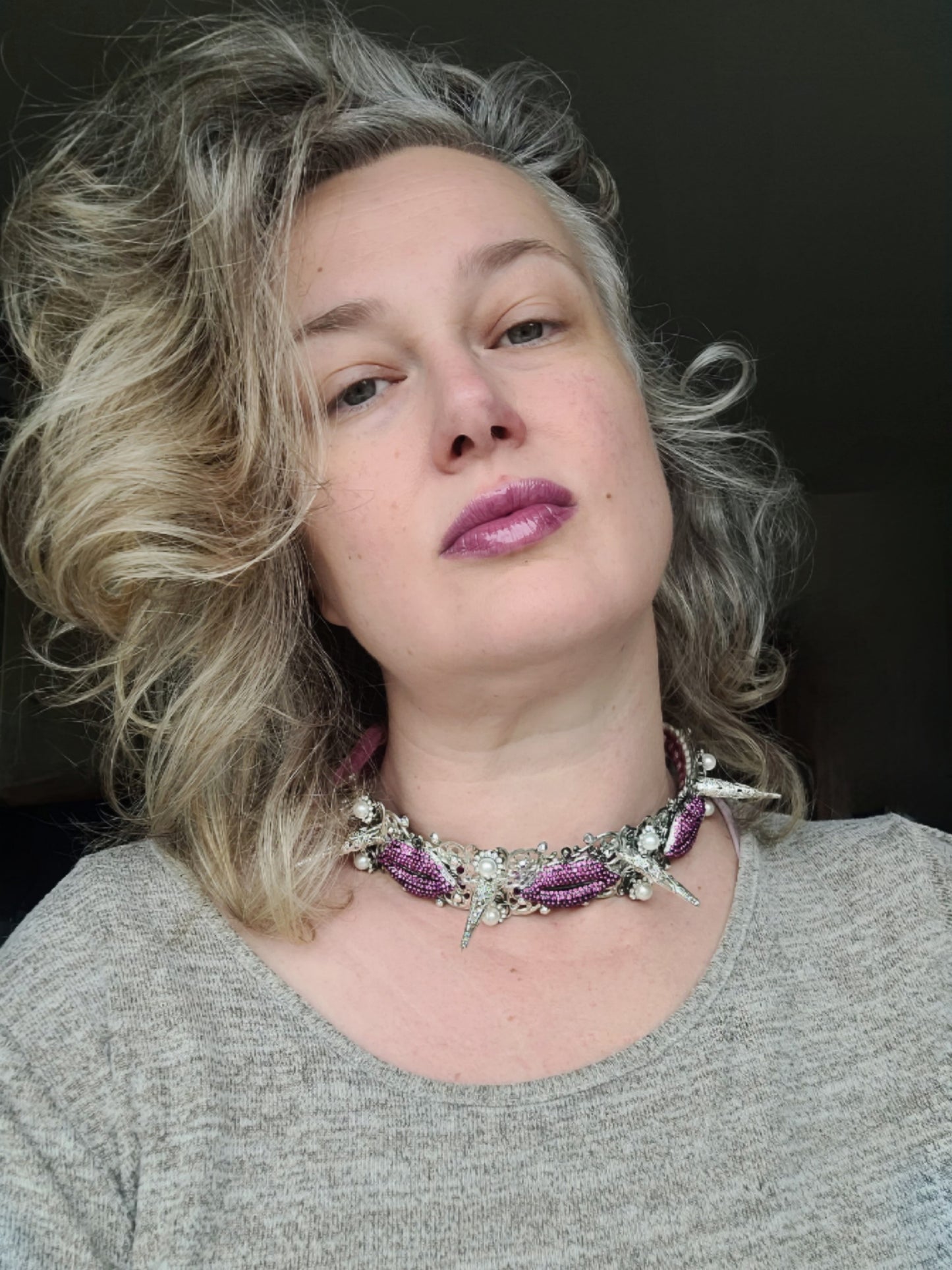 WhatEver collection: The Wait For It metal choker with three lips in a cool pinkish purple shade, filigree spikes, rhinestones, faux pearls, and glass crystals (update photos before launch)