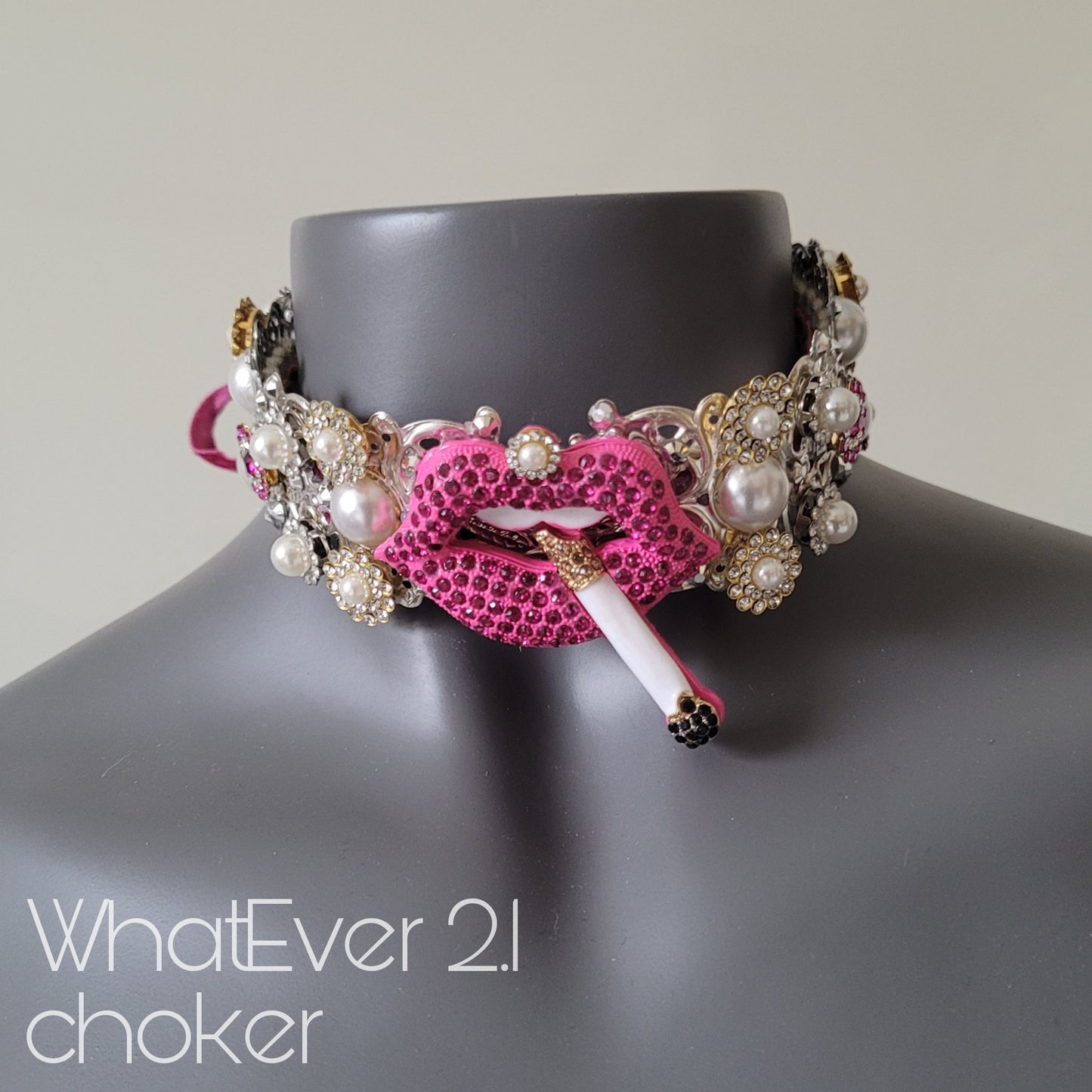 WhatEver collection: The Whatever 2.1 metal choker with cerise lips, a cigarette, silver rhinestones, high quality glass crystals in cerise and clear crystal, and faux pearls (update photos beofre launch) (Copy)