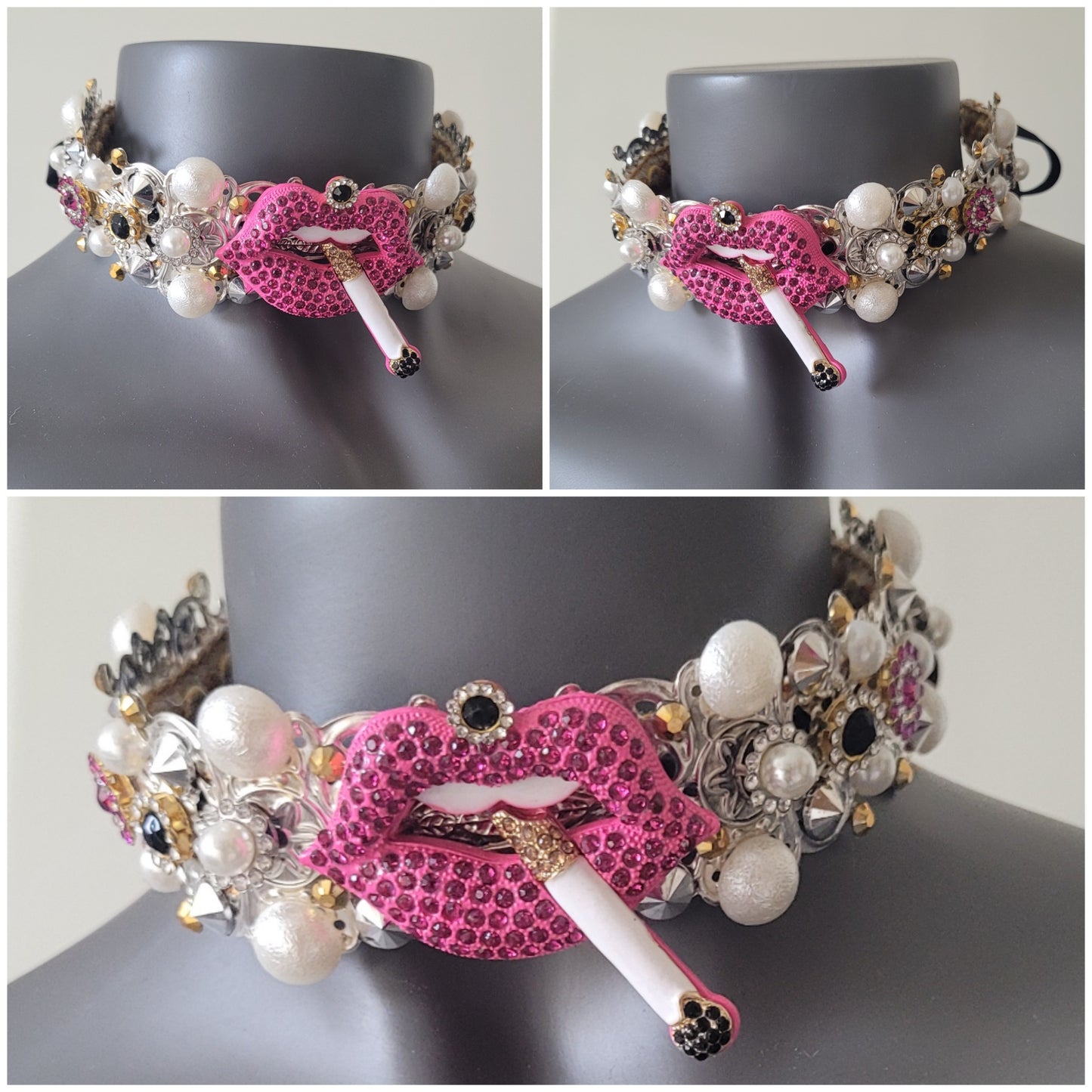 WhatEver collection: The Whatever 2.2 metal choker with cerise lips, a cigarette, silver and golden rhinestones, high quality glass crystals in black, cerise and clear crystal, and faux pearls (update photos beofre launch)