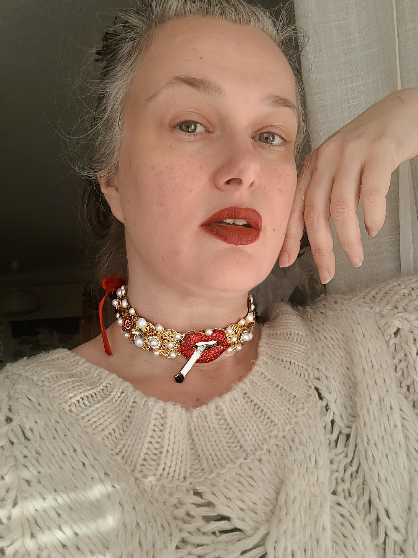WhatEver collection: The Whatever 2.0 metal choker with red lips, a cigarette, sparkling glass crystals and faux pearls