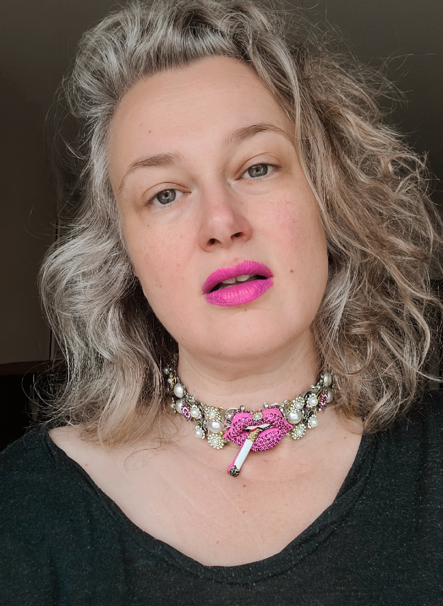 WhatEver collection: The Whatever 2.1 metal choker with cerise lips, a cigarette, silver rhinestones, high quality glass crystals in cerise and clear crystal, and faux pearls (update photos beofre launch) (Copy)