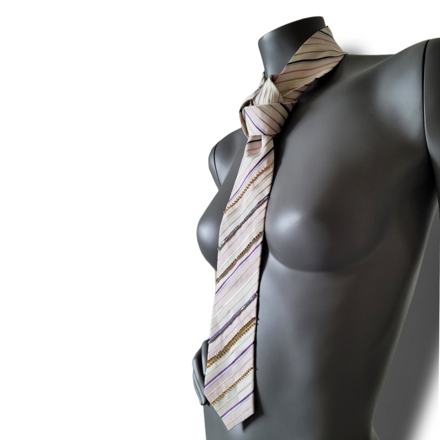 Another Dance collection: White Stripes tie, vintage beige, pink and golden striped silk necktie with glass crystals