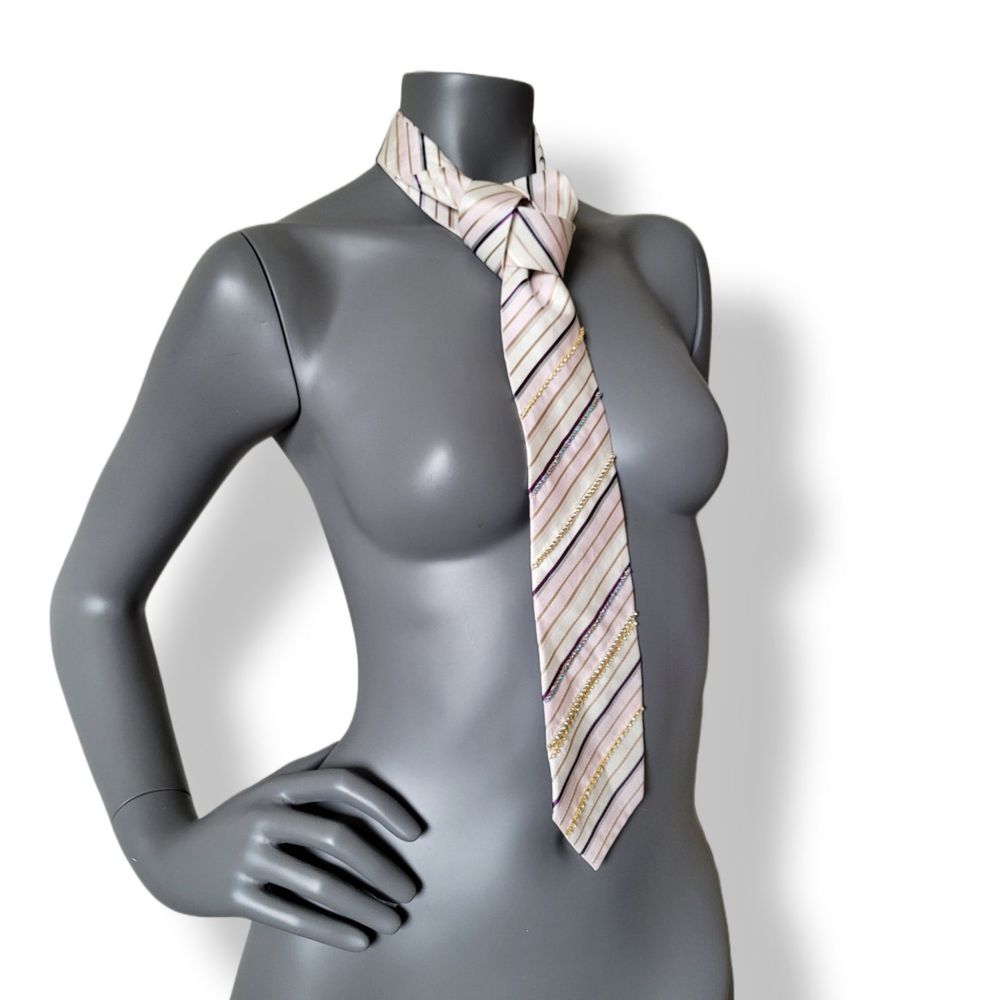 Another Dance collection: White Stripes tie, vintage beige, pink and golden striped silk necktie with glass crystals