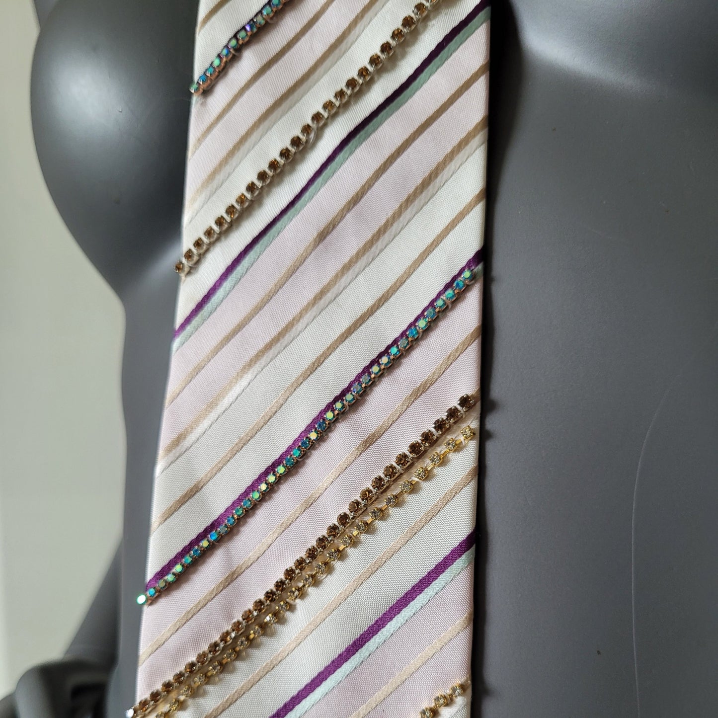 Another Dance collection: White Stripes tie, vintage beige, pink and golden striped silk necktie with glass crystals