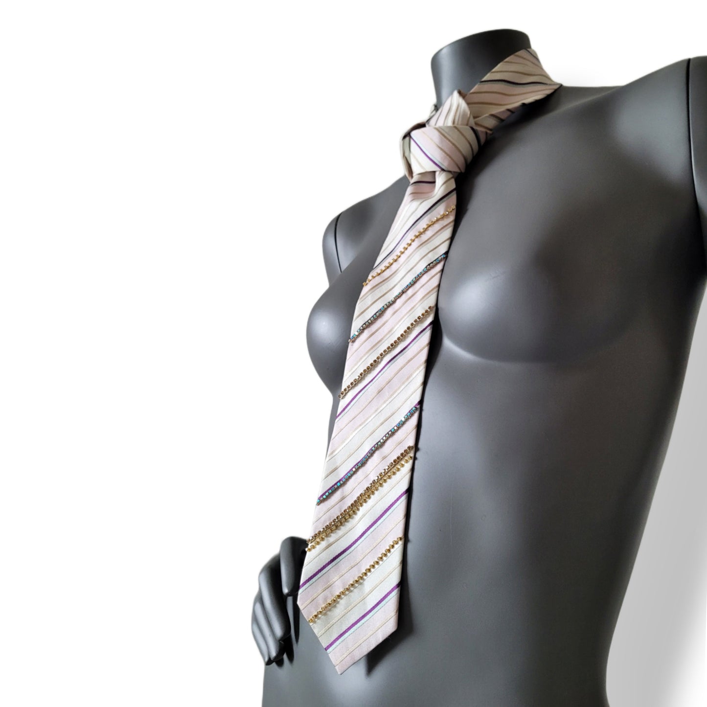 Another Dance collection: White Stripes tie, vintage beige, pink and golden striped silk necktie with glass crystals