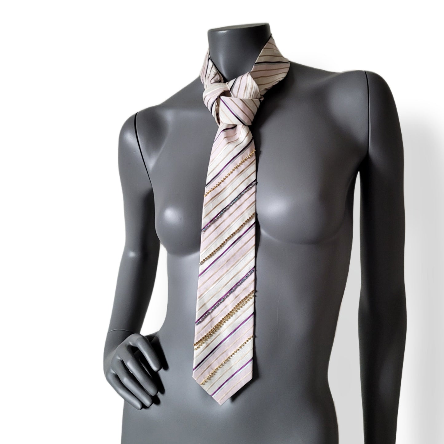 Another Dance collection: White Stripes tie, vintage beige, pink and golden striped silk necktie with glass crystals