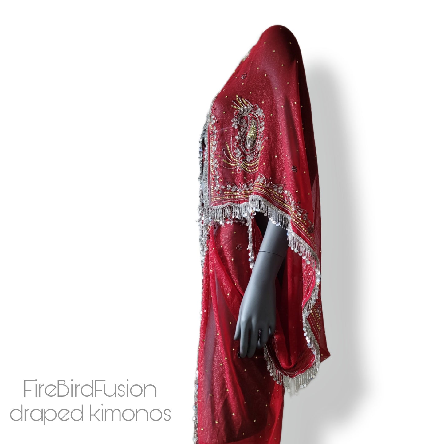 Draped kimono, dark red with elaborated embellishment and irredecent sequin and glass beaded fringe trim (L-XL)