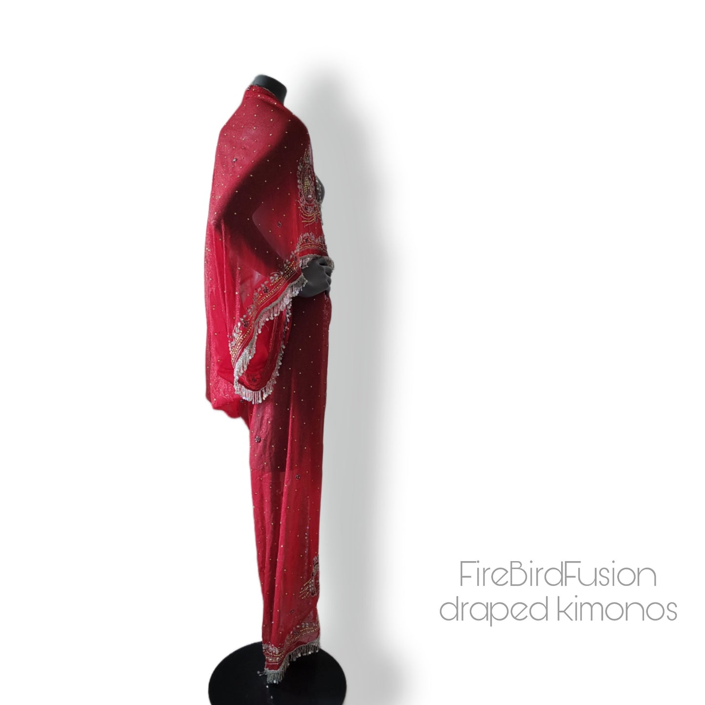 Draped kimono, dark red with elaborated embellishment and irredecent sequin and glass beaded fringe trim (L-XL)