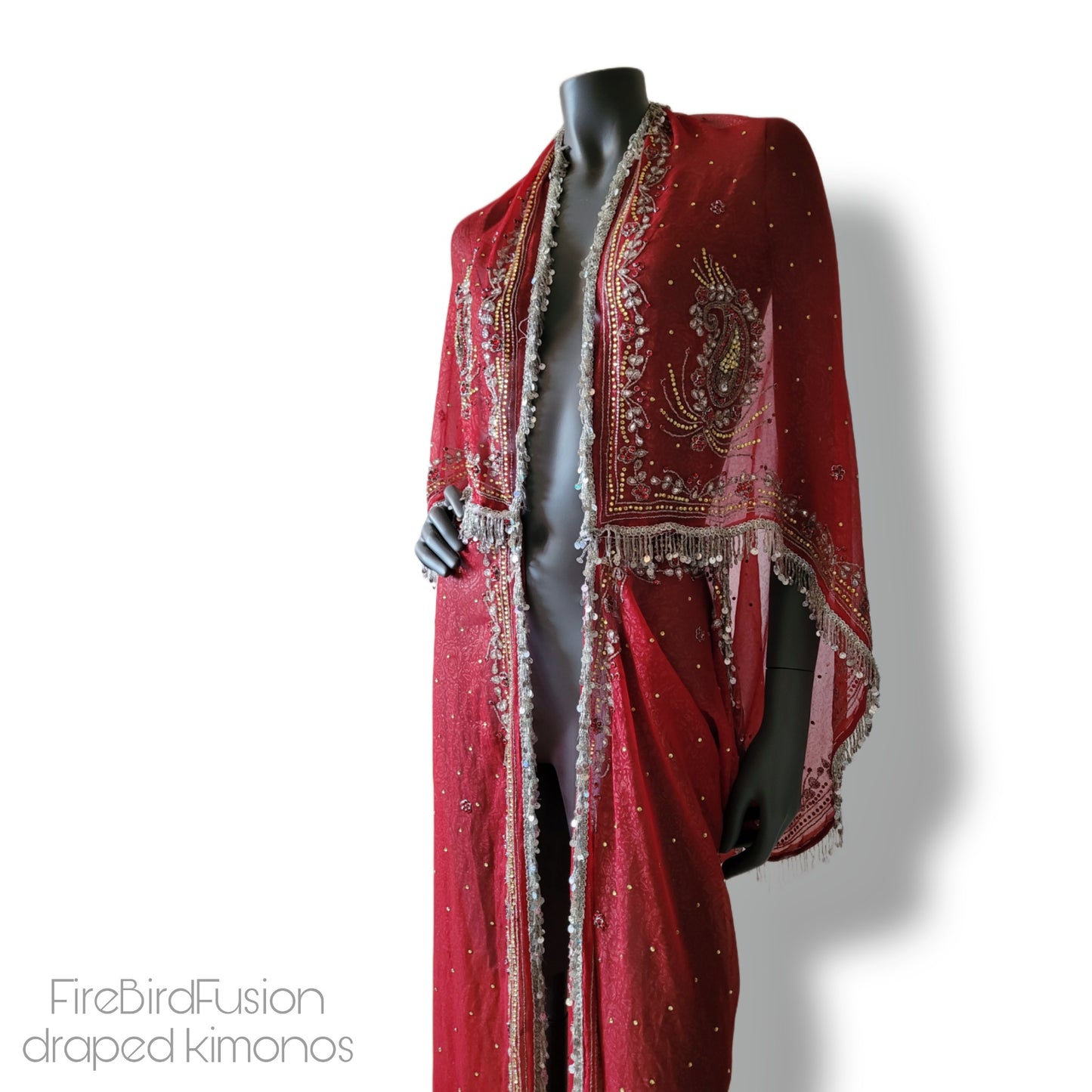 Draped kimono, dark red with elaborated embellishment and irredecent sequin and glass beaded fringe trim (L-XL)