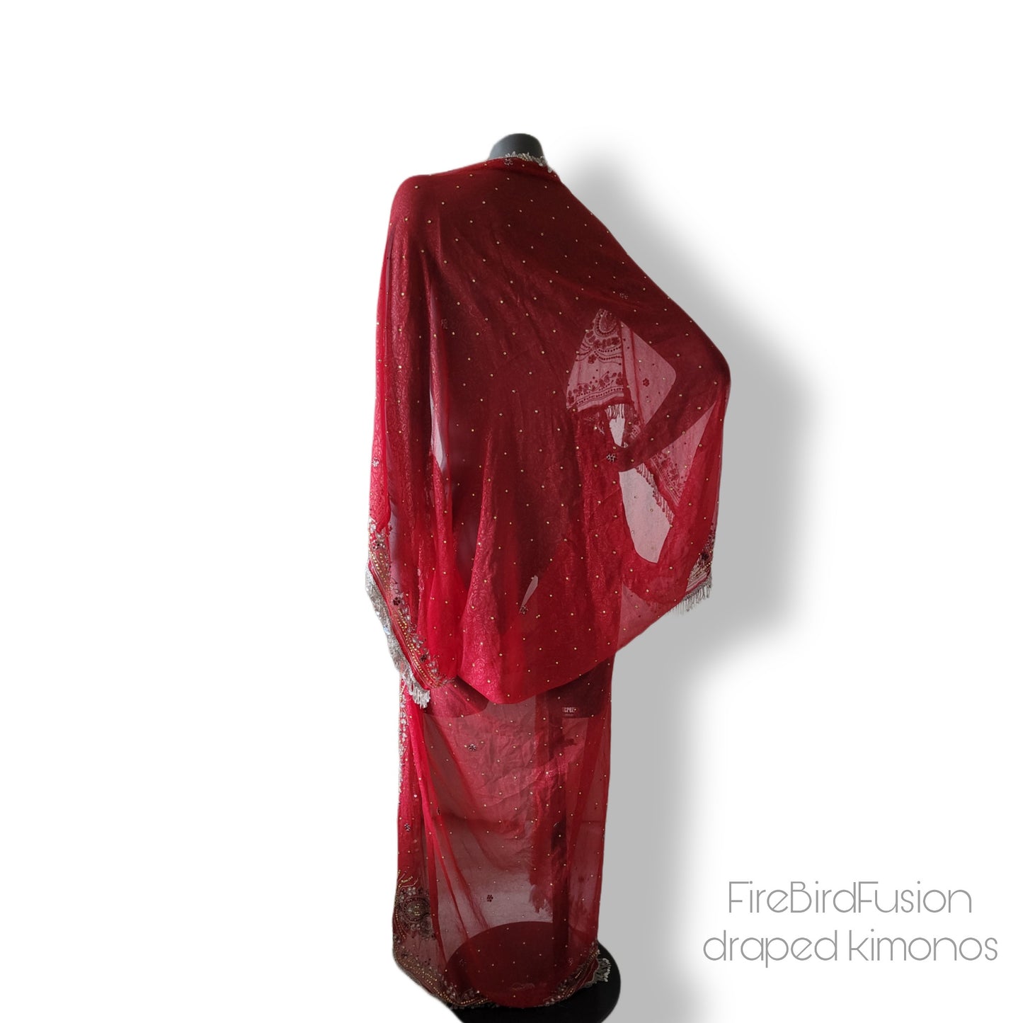 Draped kimono, dark red with elaborated embellishment and irredecent sequin and glass beaded fringe trim (L-XL)