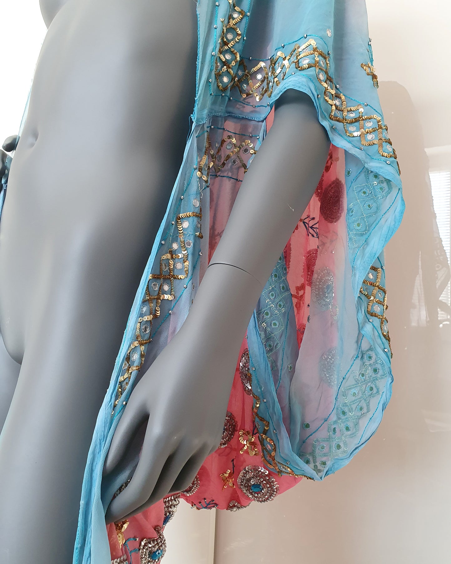 Draped kimono in light pink & blue, hand embroidered with silver and blue beads (M-L)