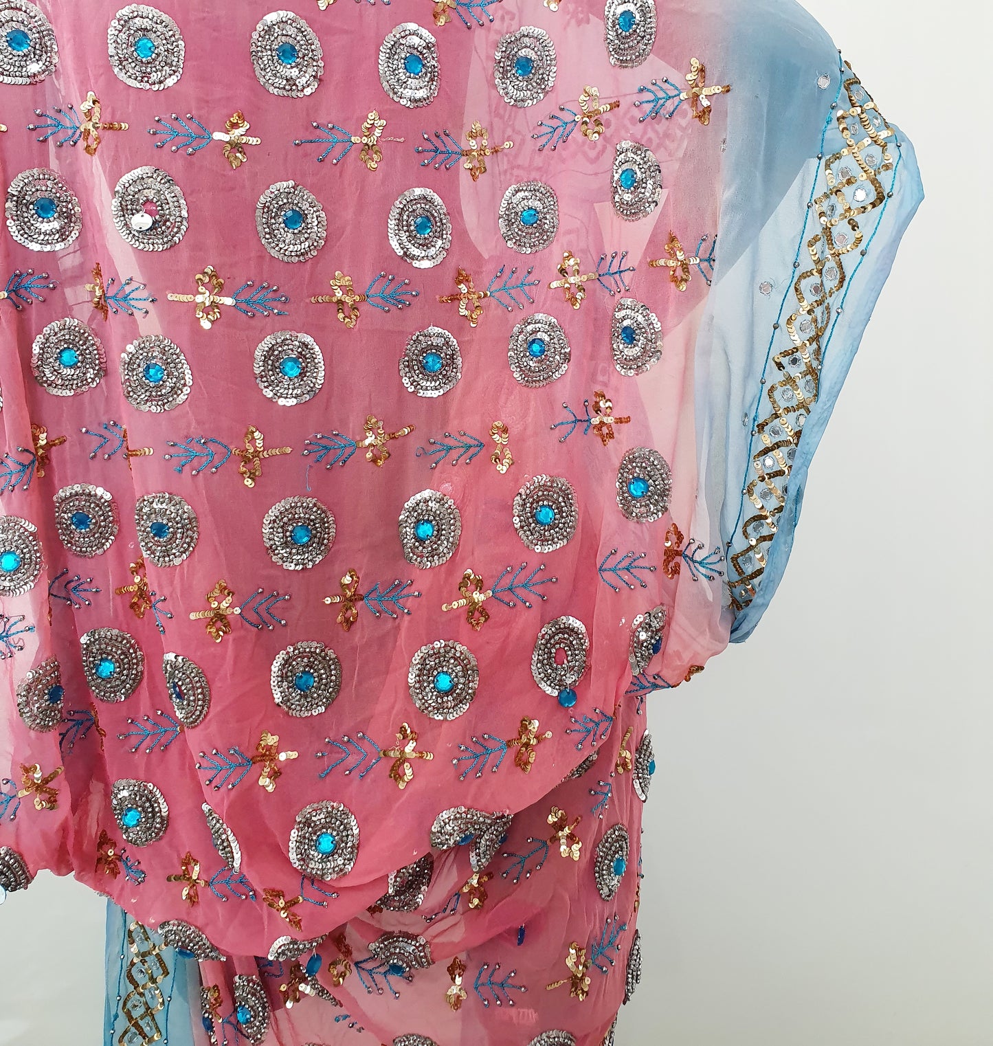 Draped kimono in light pink & blue, hand embroidered with silver and blue beads (M-L)