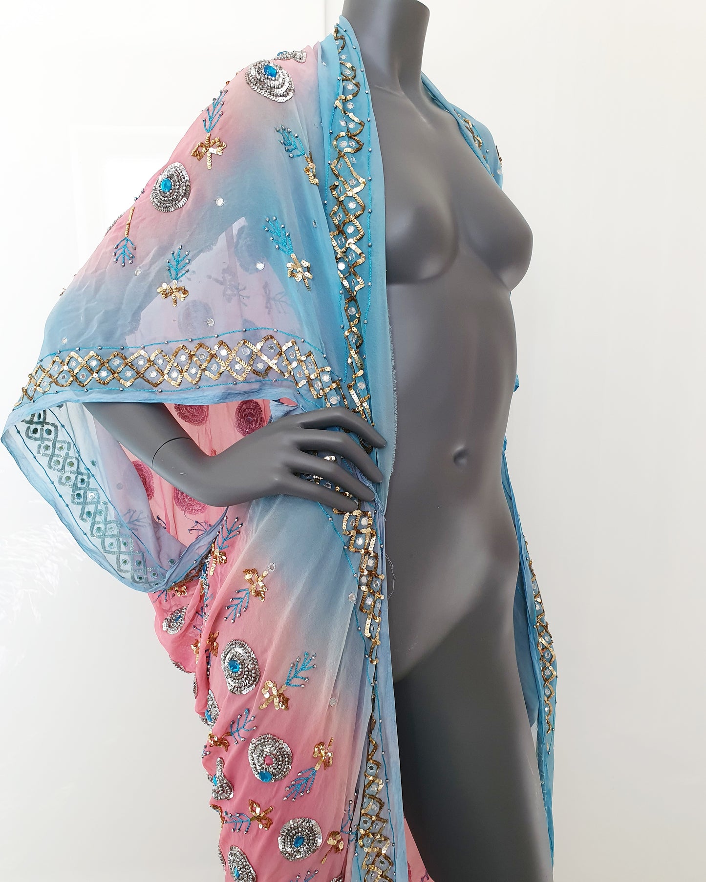 Draped kimono in light pink & blue, hand embroidered with silver and blue beads (M-L)