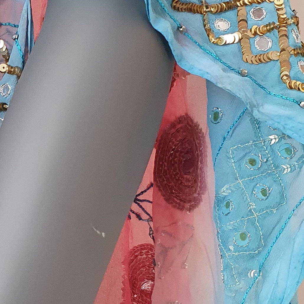 Draped kimono in light pink & blue, hand embroidered with silver and blue beads (M-L)