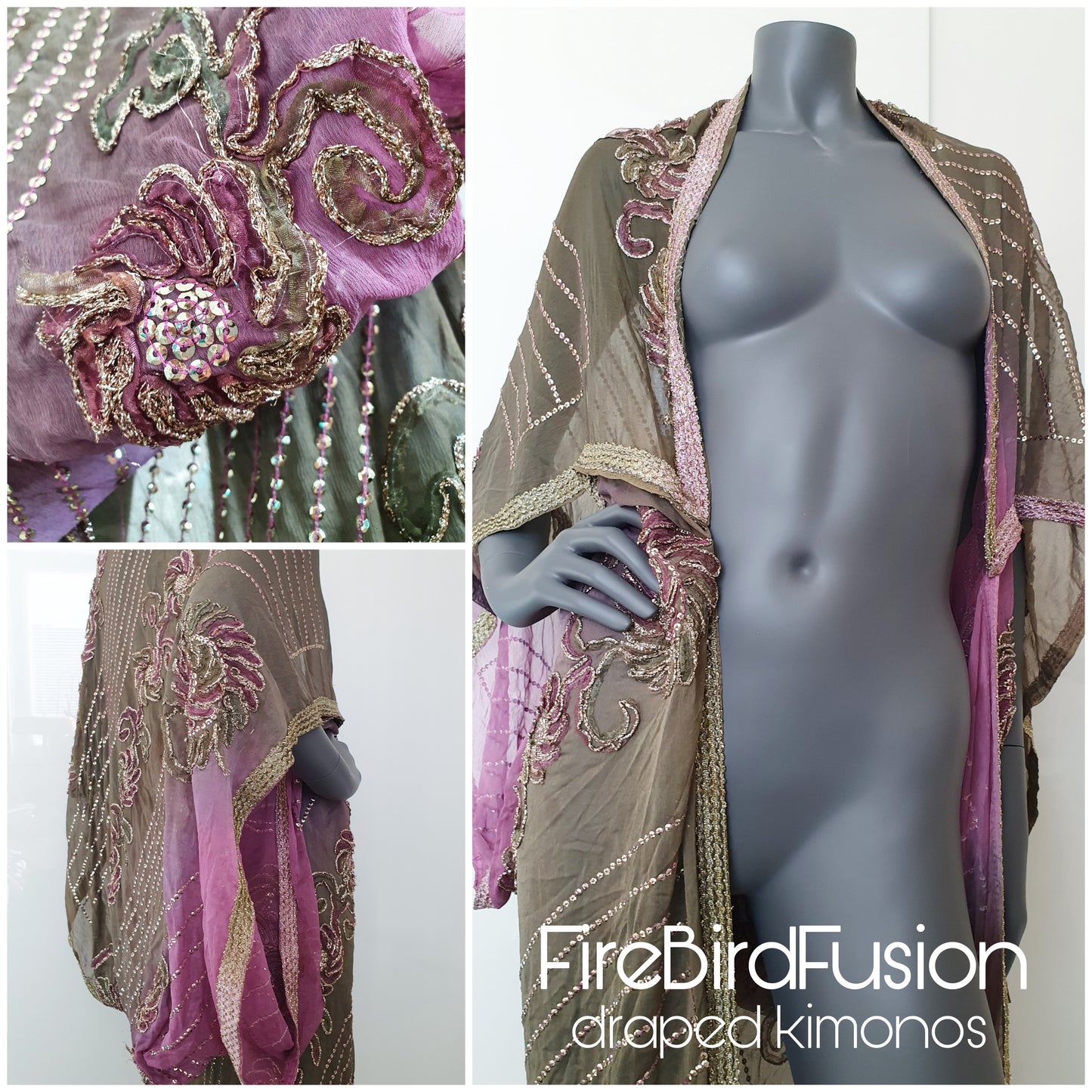 Draped kimono in pale gray and lavender with appliques (L-XL)