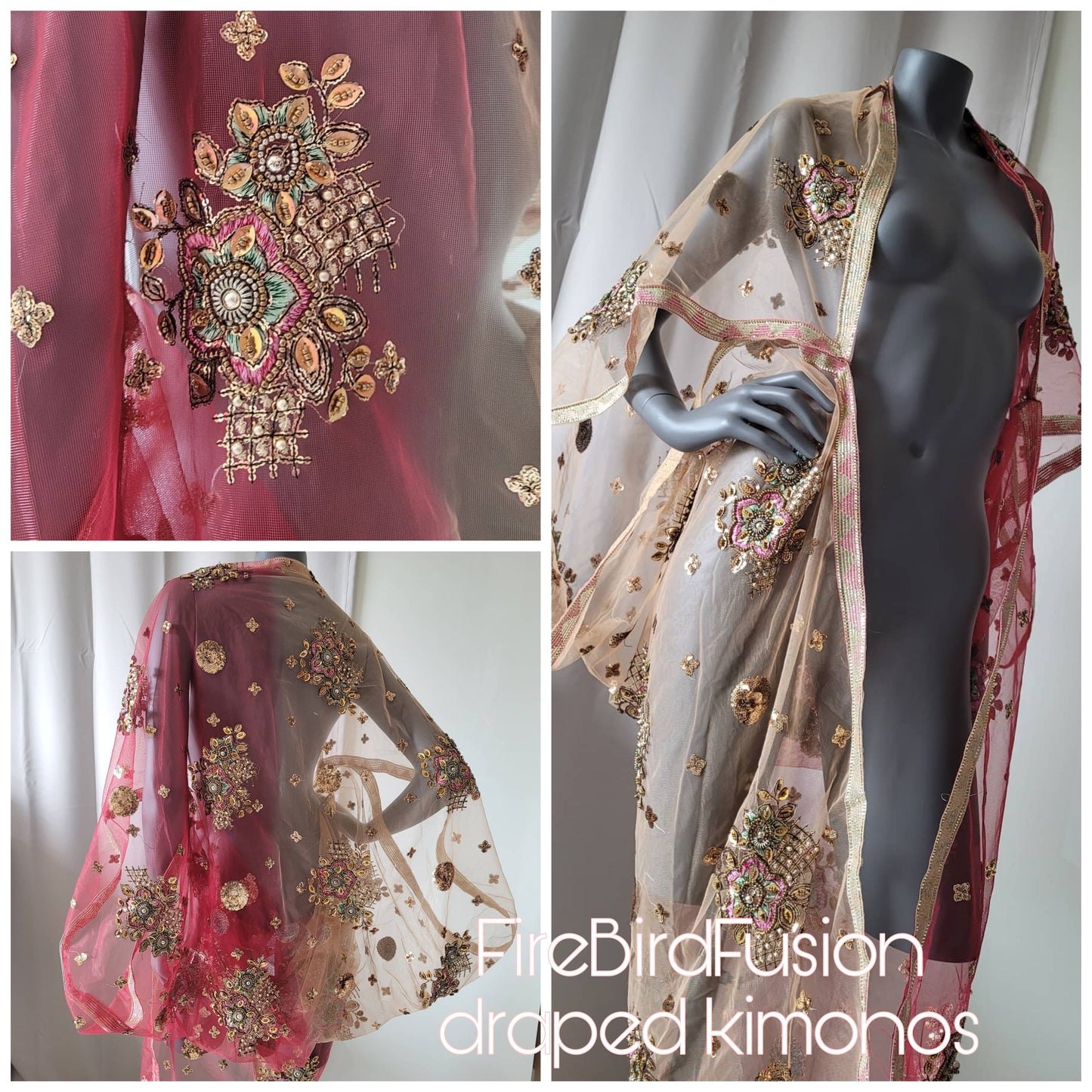 Draped short kimono in warm wine red & ivory with beautiful hand embrodery with glass beads (M-L)