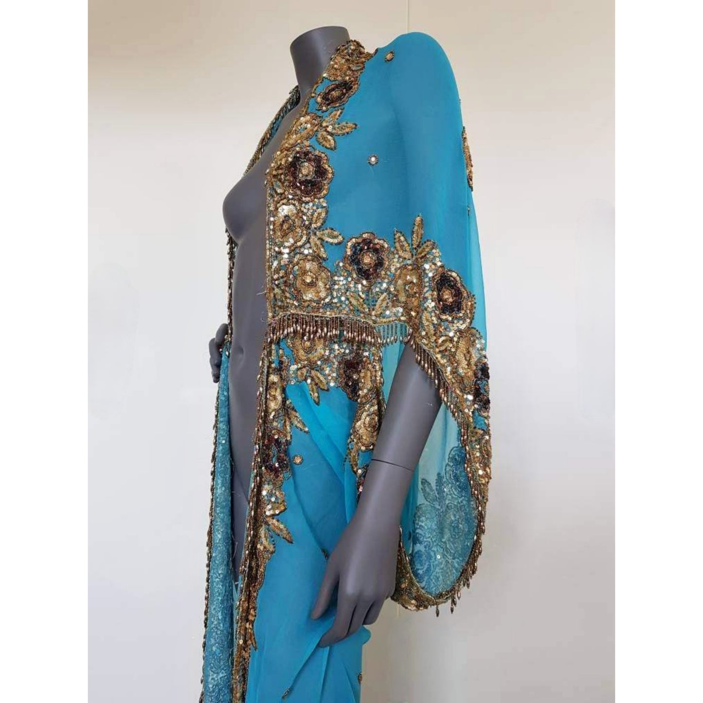 Luxurious bright blue draped kimono with beautiful hand embroidered trim with sequins and beaded fringe (M-L)