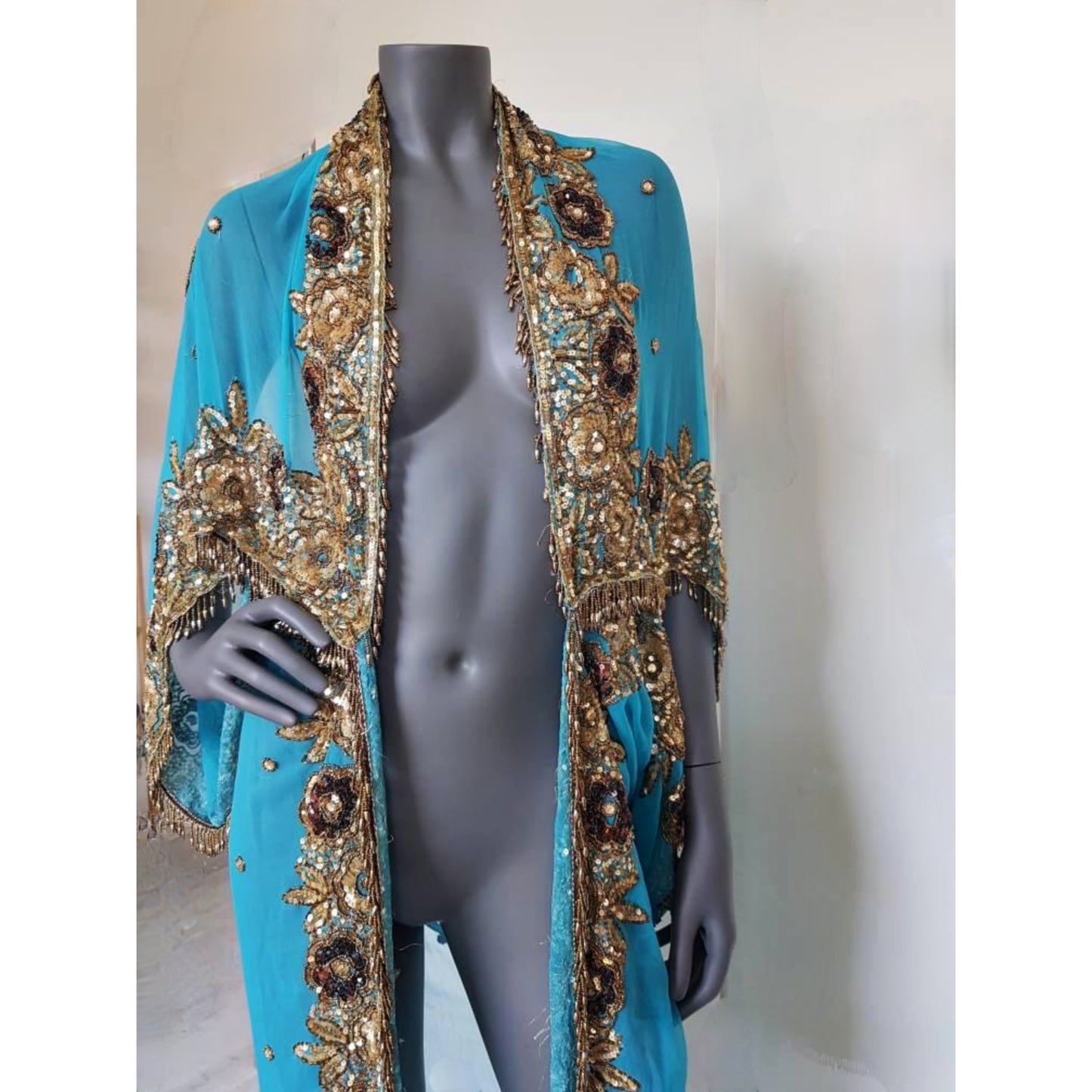 Luxurious bright blue draped kimono with beautiful hand embroidered trim with sequins and beaded fringe (M-L)