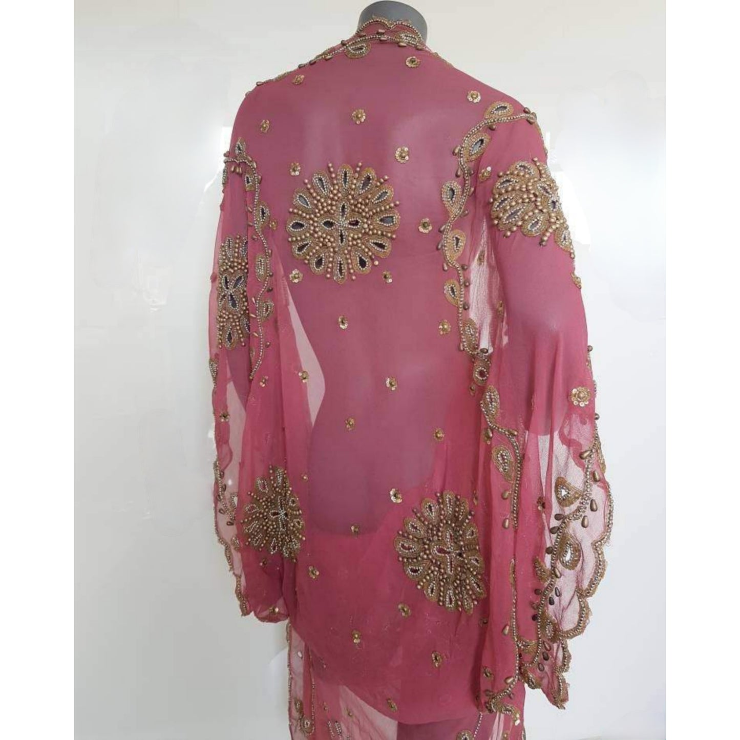 Draped warm pink kimono with beautiful hand embrodery with glass beads and cut outs (M)