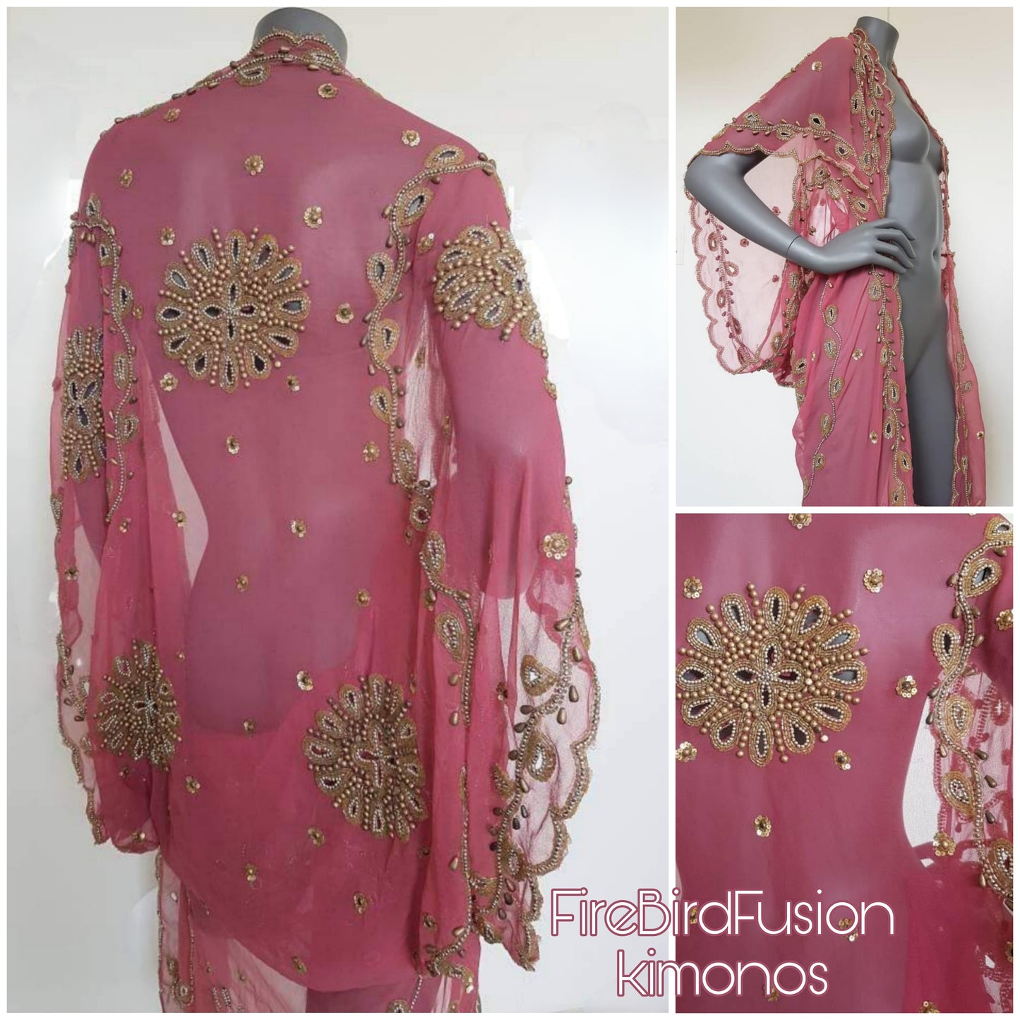 Draped warm pink kimono with beautiful hand embrodery with glass beads and cut outs (M)
