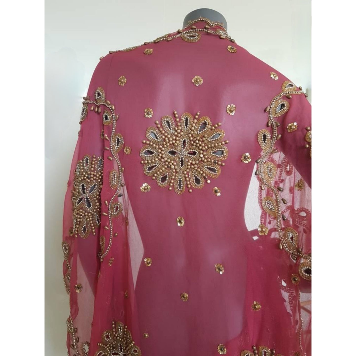 Draped warm pink kimono with beautiful hand embrodery with glass beads and cut outs (M)