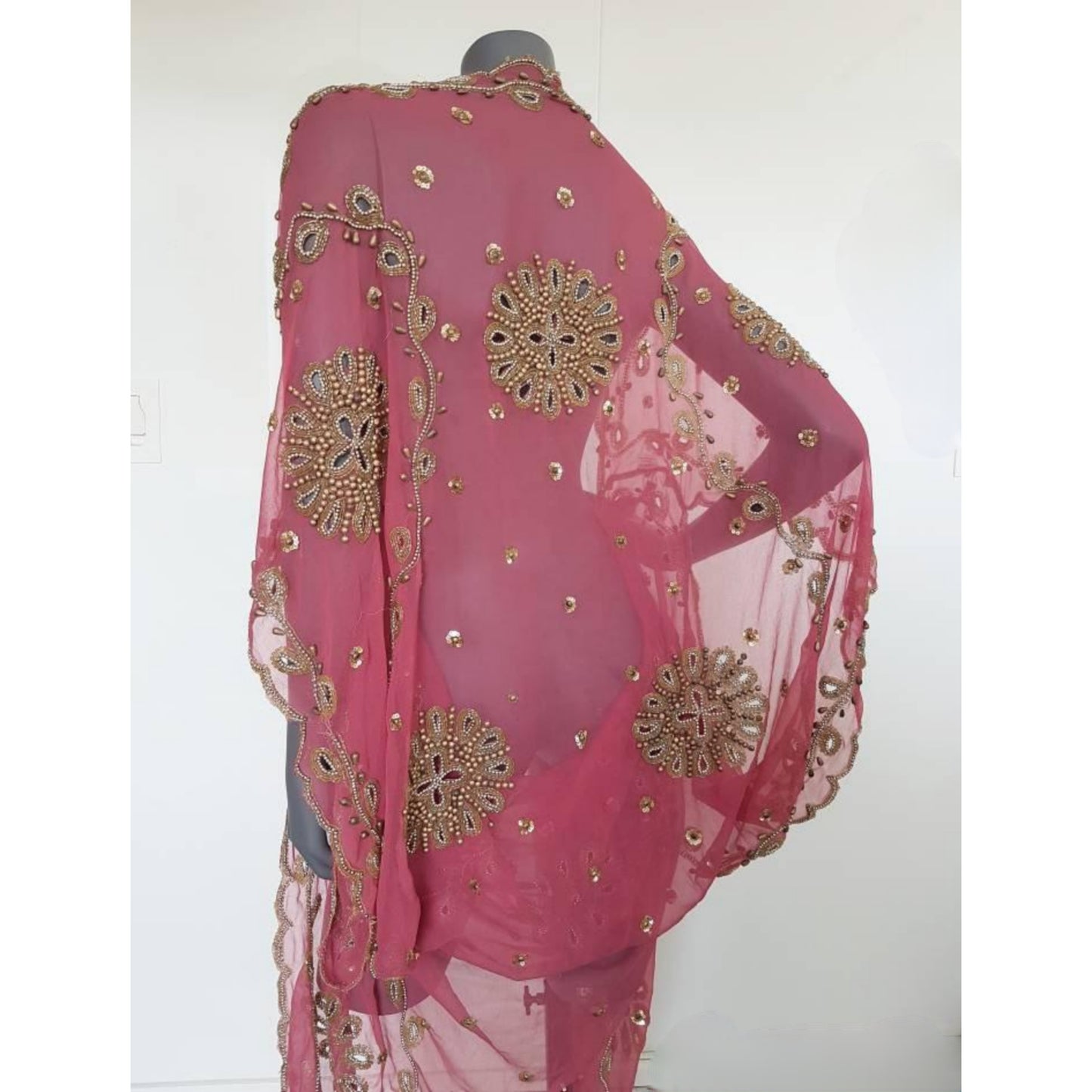 Draped warm pink kimono with beautiful hand embrodery with glass beads and cut outs (M)