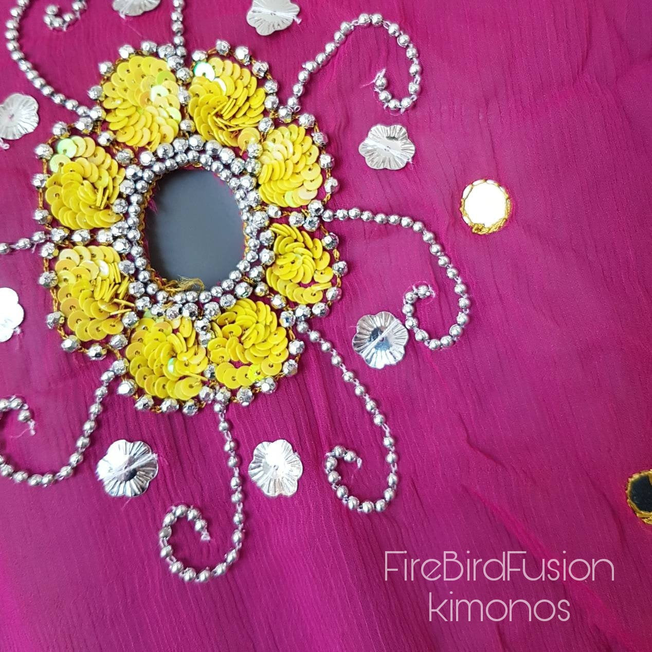 Draped kimono in bright pink, yellow & white with mirrors, cut outs and hand embroidery (M)