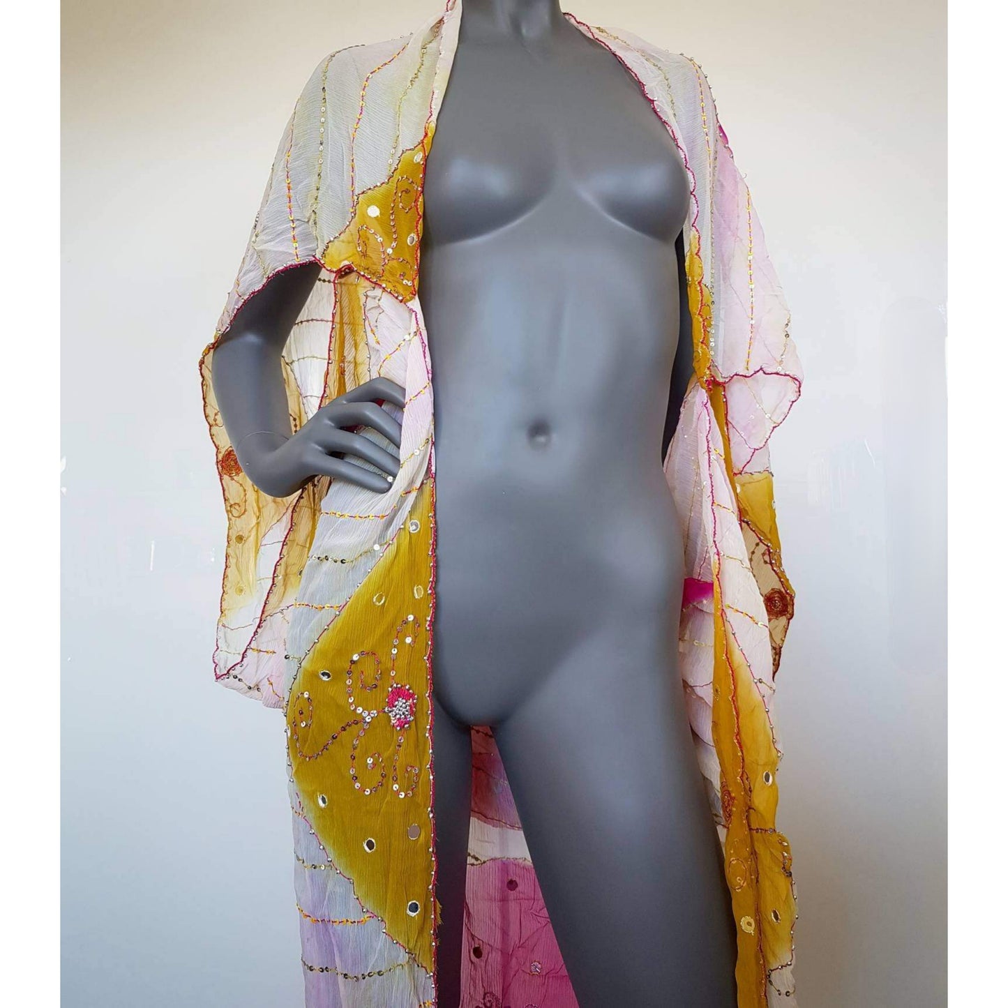 Draped kimono in bright pink, yellow & white with mirrors, cut outs and hand embroidery (M)