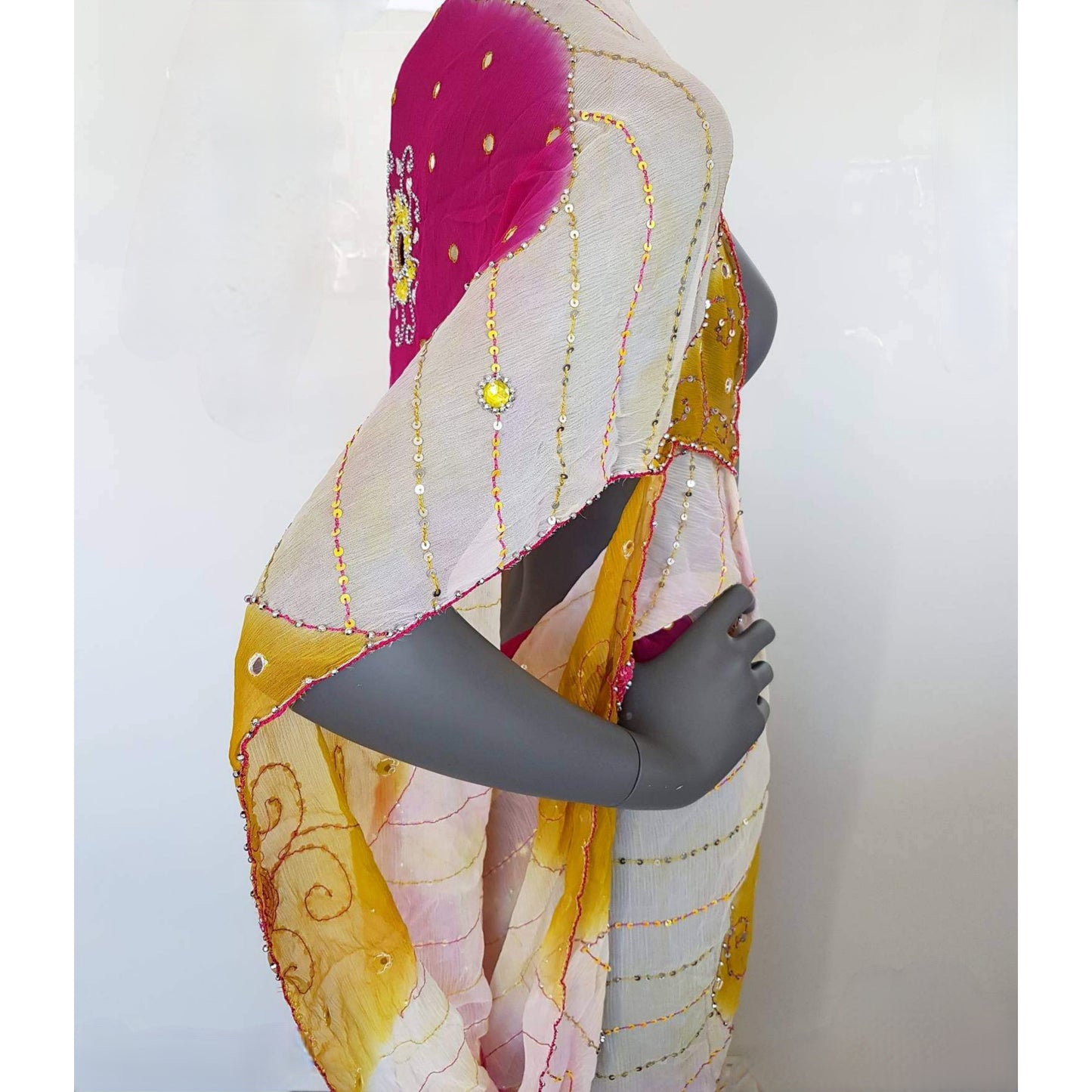 Draped kimono in bright pink, yellow & white with mirrors, cut outs and hand embroidery (M)