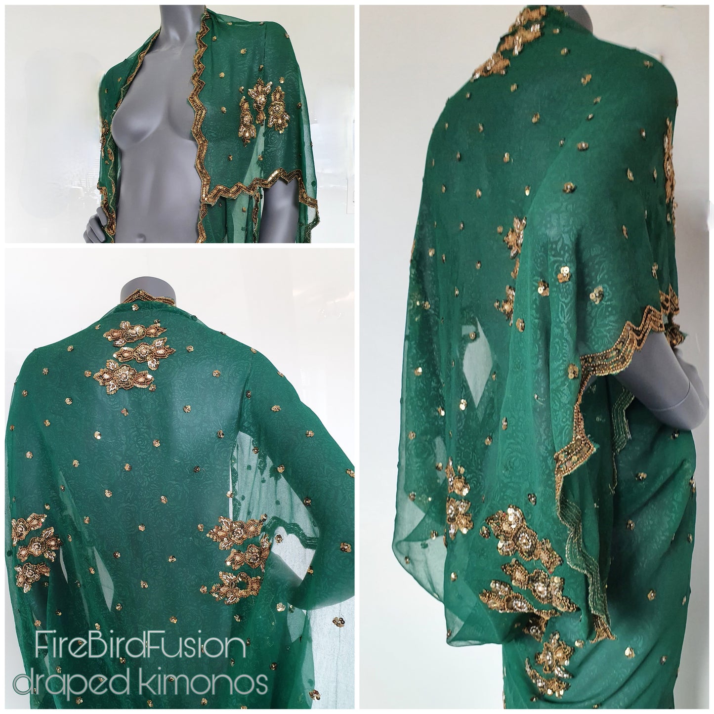 Luxurious draped kimono, beautifully printed forest green fabric with elaborated hand embroidery with golden beads (M)