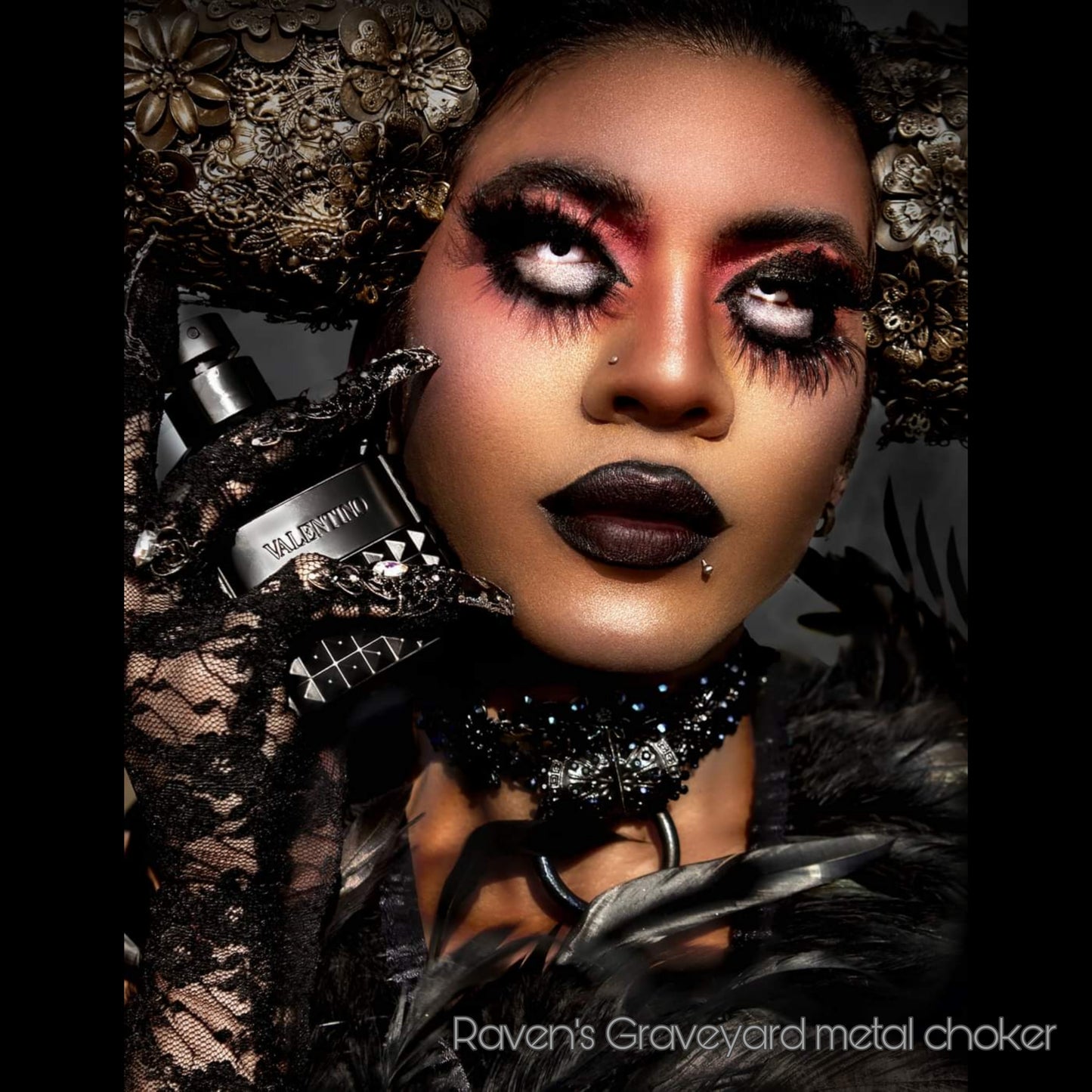 Raven's Graveyard Metal Choker in black w irredecent blue and black rhinestones, sample couture show piece