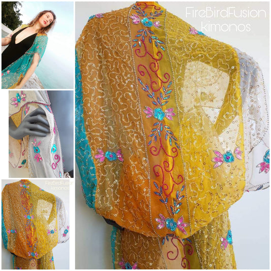 Draped kimono in turqouise, yellow and white with elaborated hand embroidery (M-L)