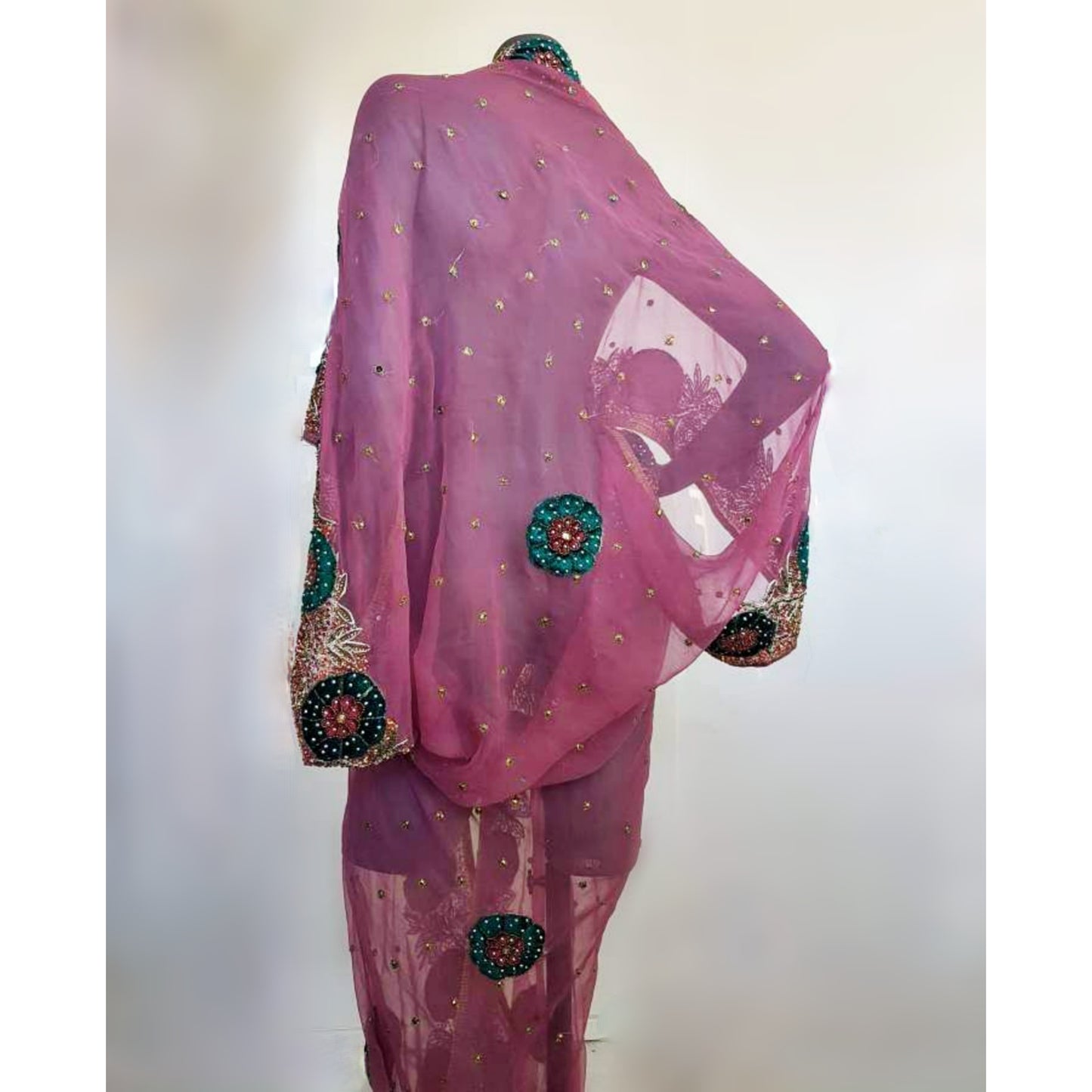 Luxurious semi sheer dusty pink draped kimono, beautifully hand embroidered with velvet appliques (XL)