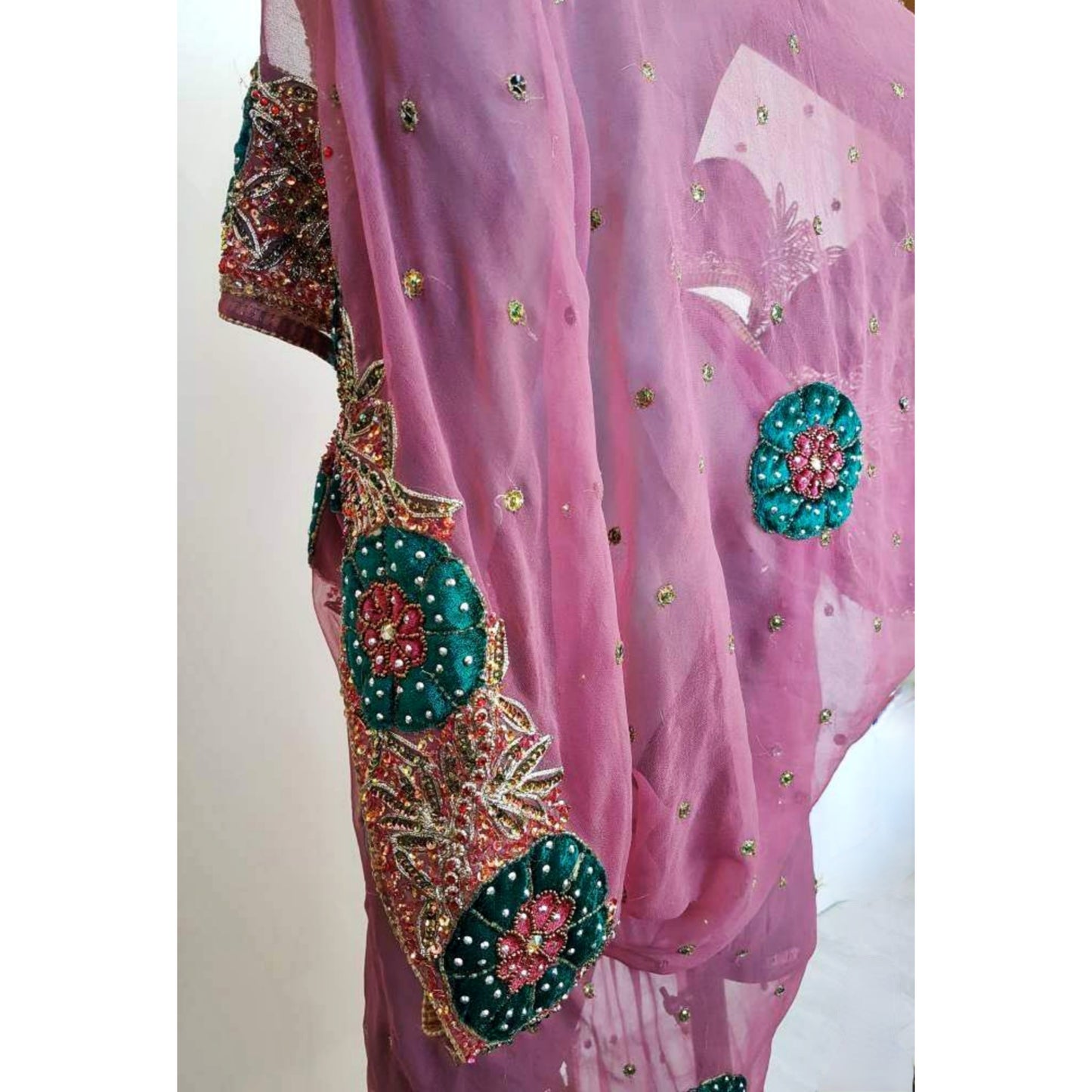 Luxurious semi sheer dusty pink draped kimono, beautifully hand embroidered with velvet appliques (XL)