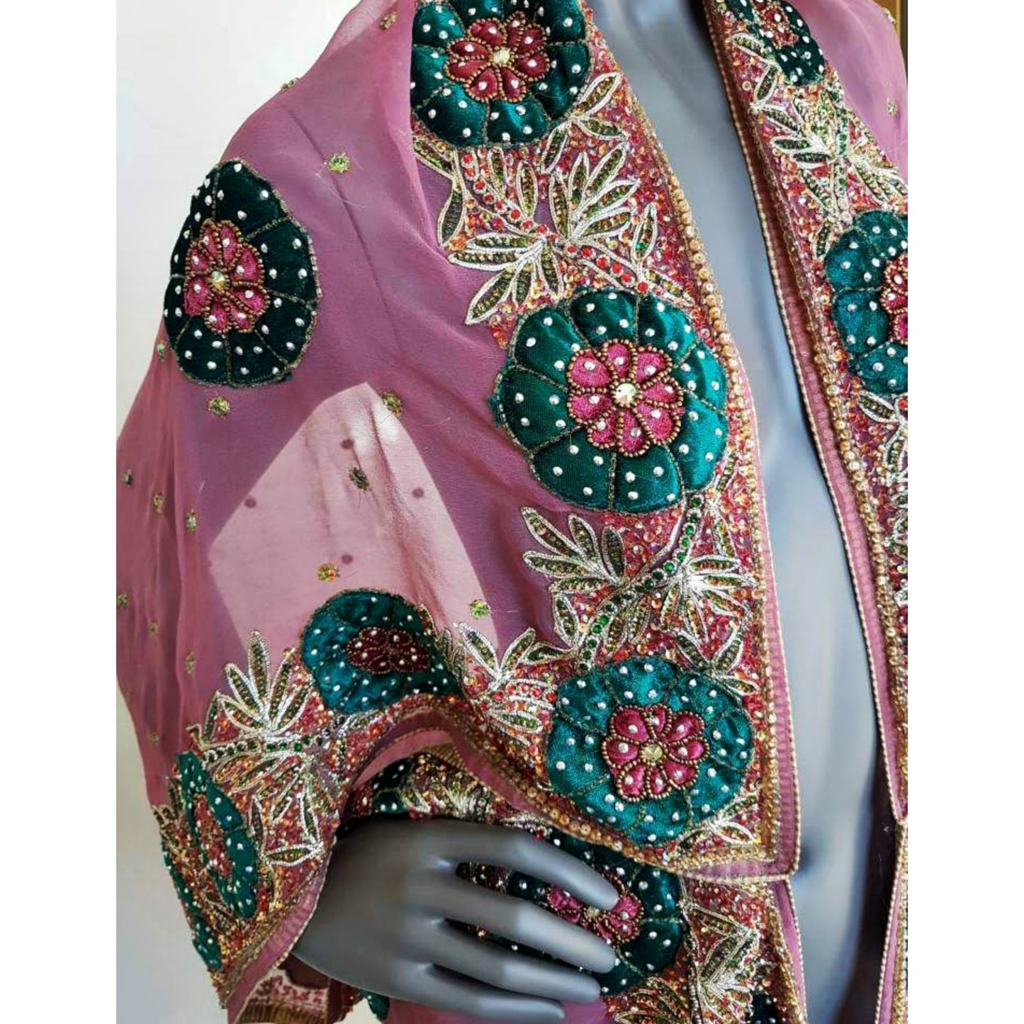 Luxurious semi sheer dusty pink draped kimono, beautifully hand embroidered with velvet appliques (XL)