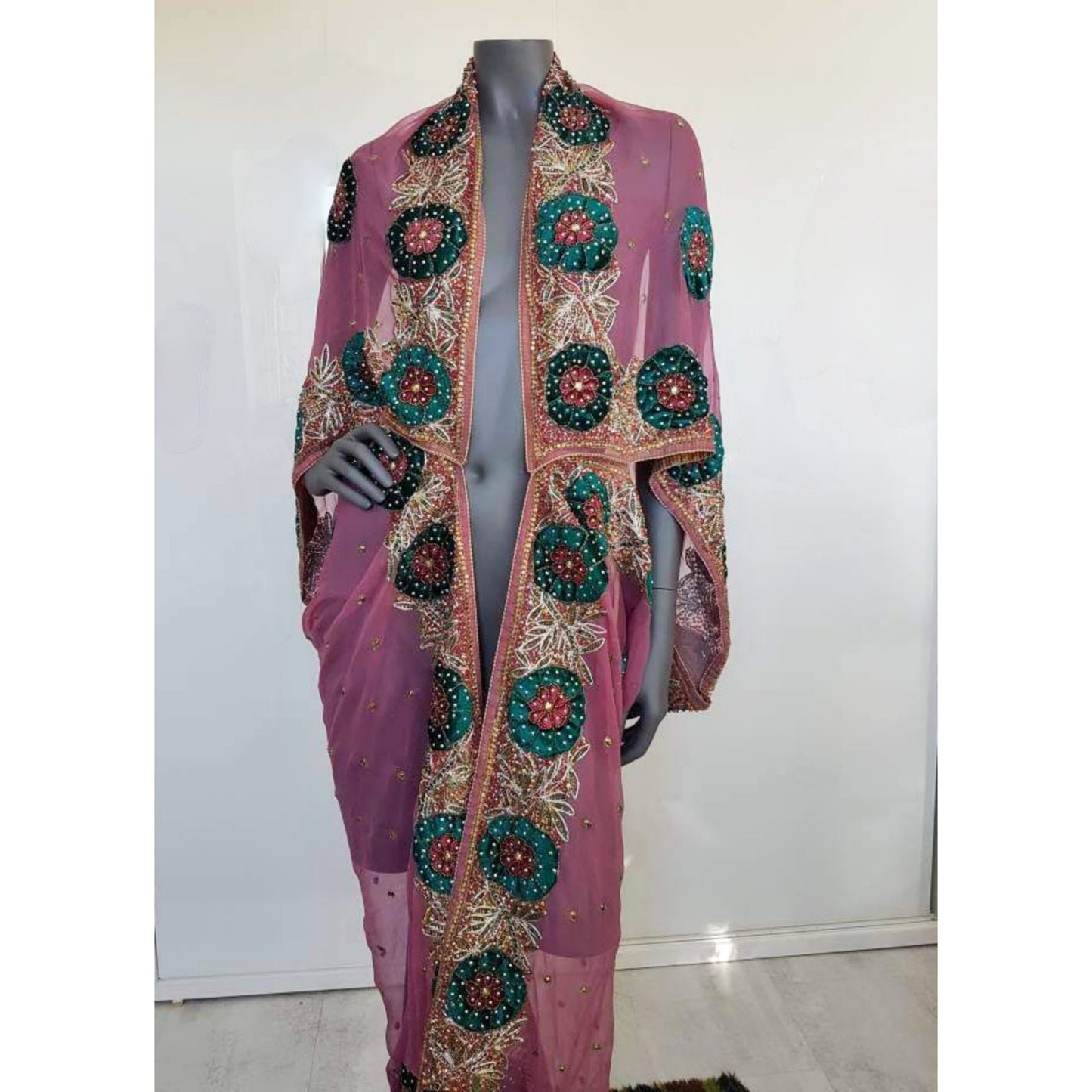 Luxurious semi sheer dusty pink draped kimono, beautifully hand embroidered with velvet appliques (XL)