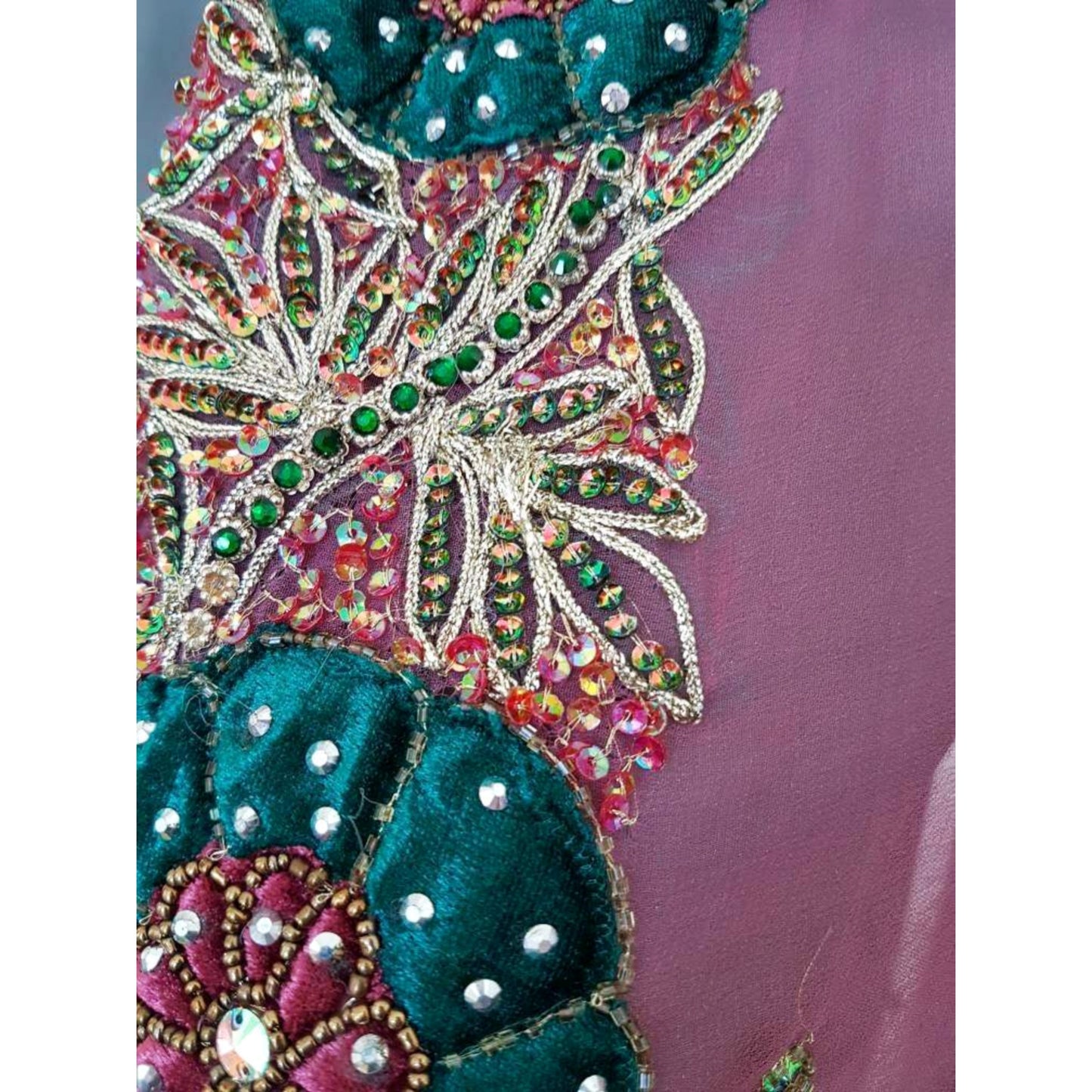 Luxurious semi sheer dusty pink draped kimono, beautifully hand embroidered with velvet appliques (XL)