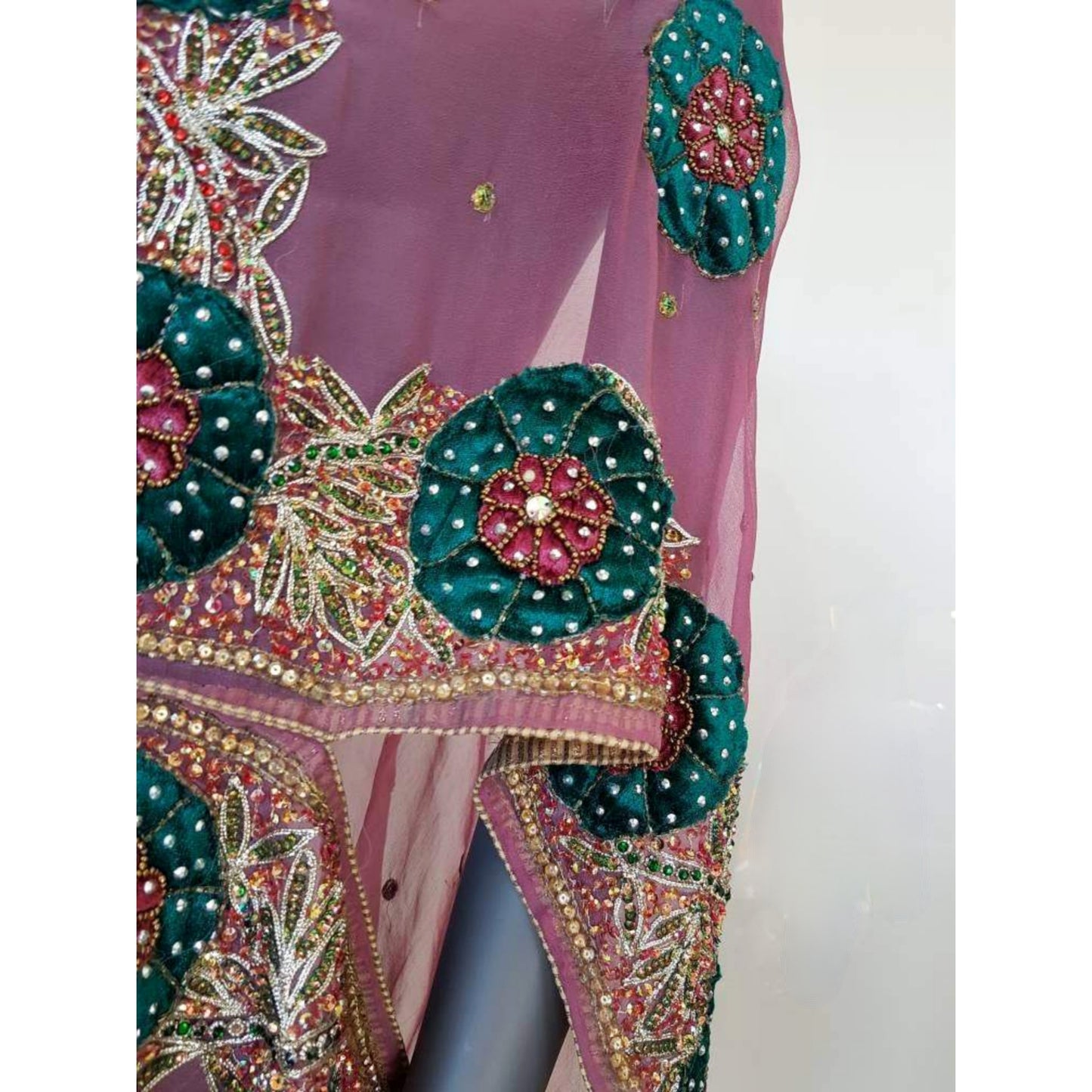 Luxurious semi sheer dusty pink draped kimono, beautifully hand embroidered with velvet appliques (XL)