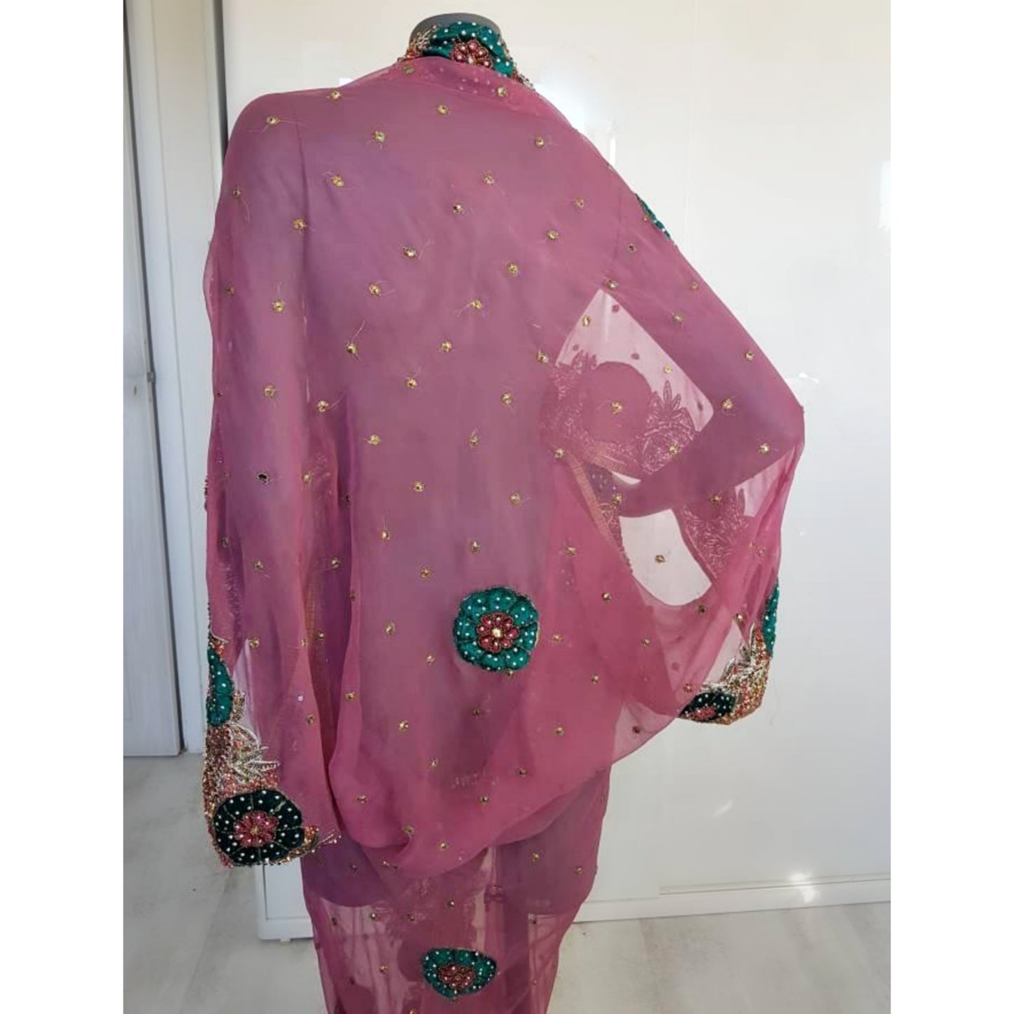Luxurious semi sheer dusty pink draped kimono, beautifully hand embroidered with velvet appliques (XL)