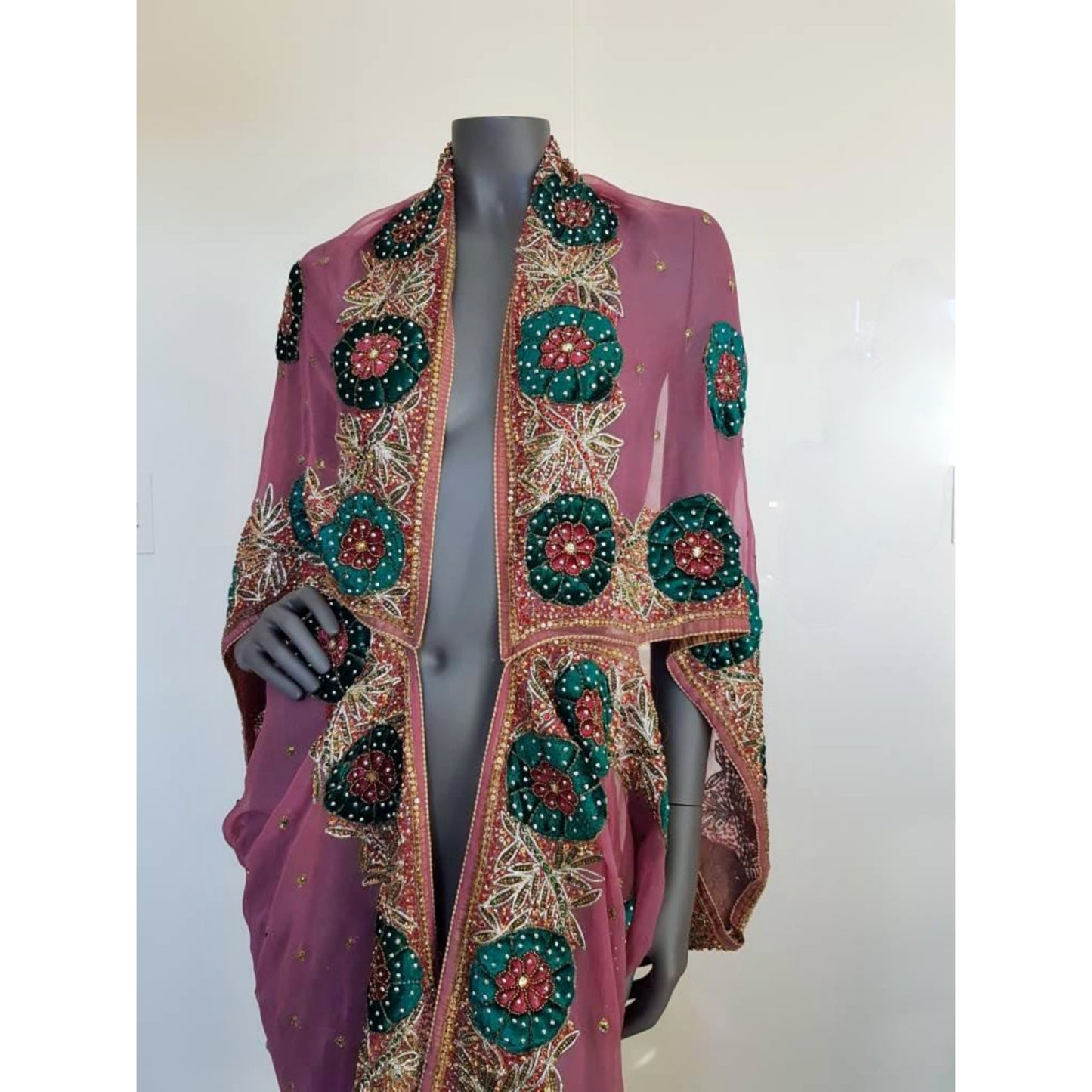 Luxurious semi sheer dusty pink draped kimono, beautifully hand embroidered with velvet appliques (XL)