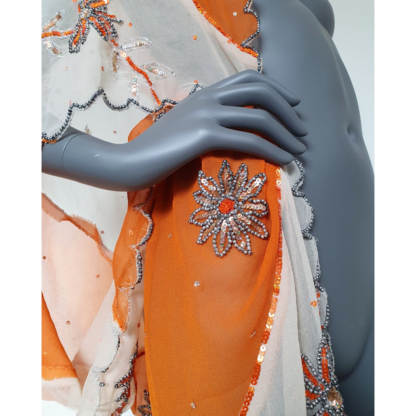 Draped kimono in orange and white with floral hand embroidery (M)