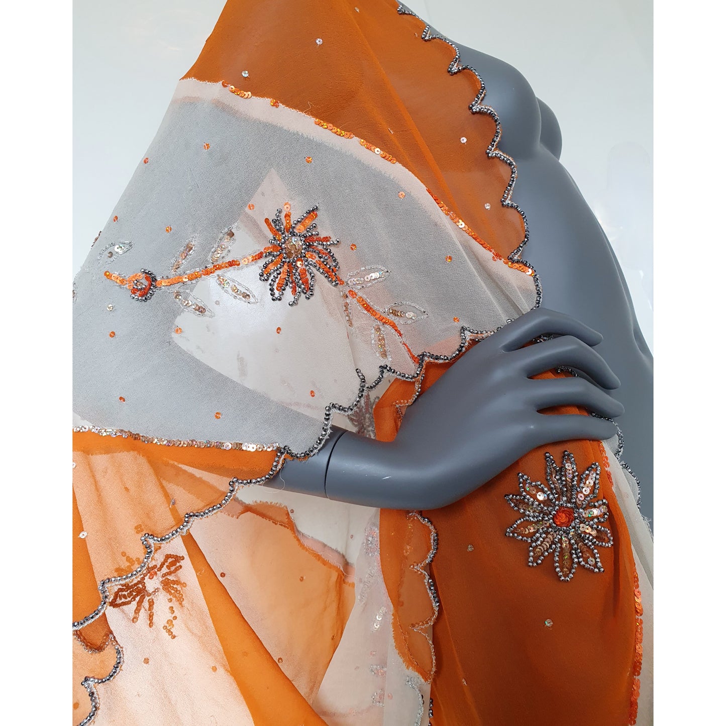 Draped kimono in orange and white with floral hand embroidery (M)