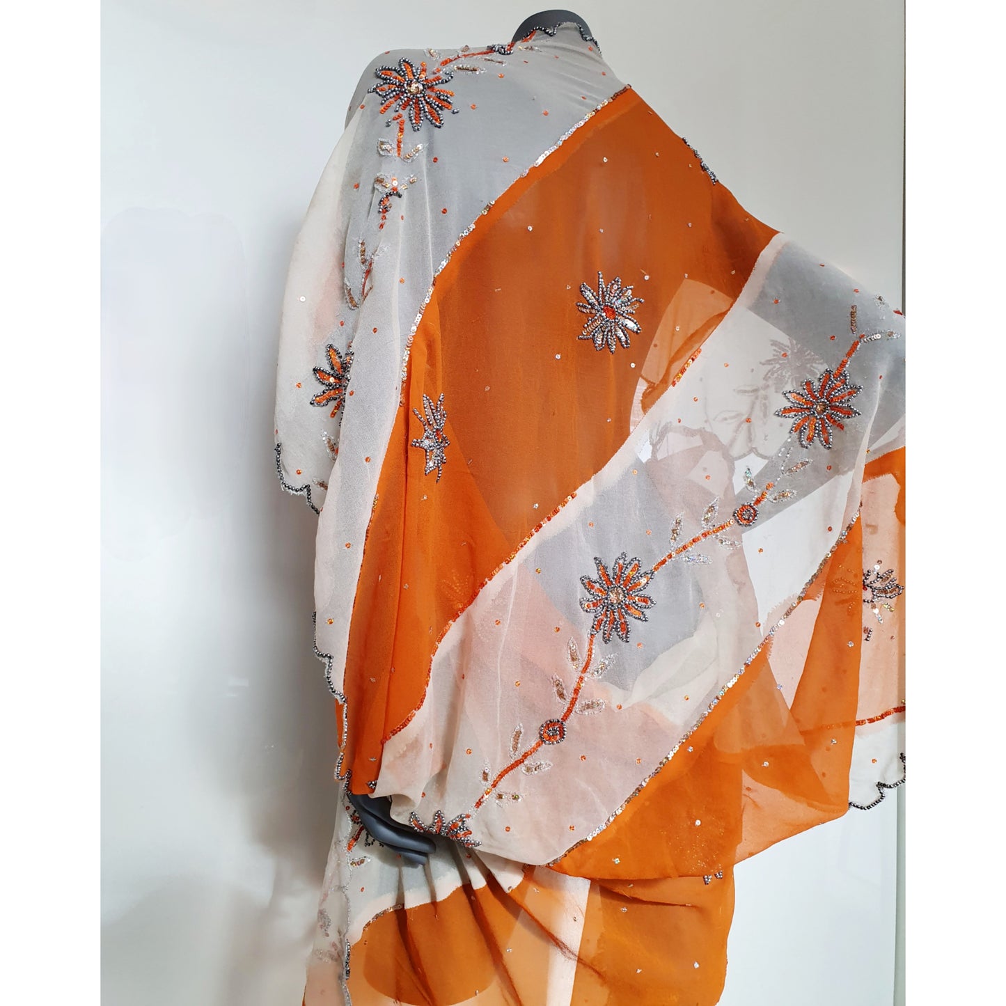 Draped kimono in orange and white with floral hand embroidery (M)